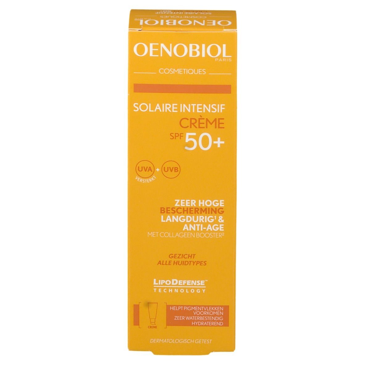 Gele verpakking met productinformatie. Oenobiol Solaire Intensif Crème SPF 50+ is afgebeeld.