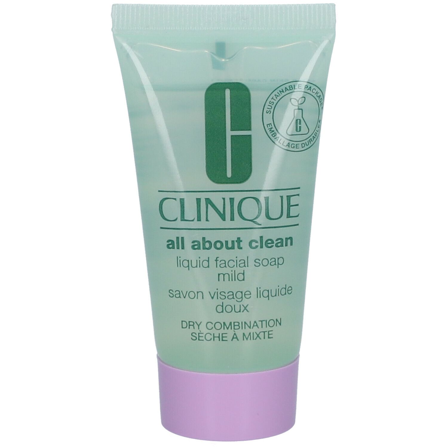 Groene tube met CLINIQUE, "all about clean", "liquid facial soap mild". Roze dop. Duurzame verpakking.