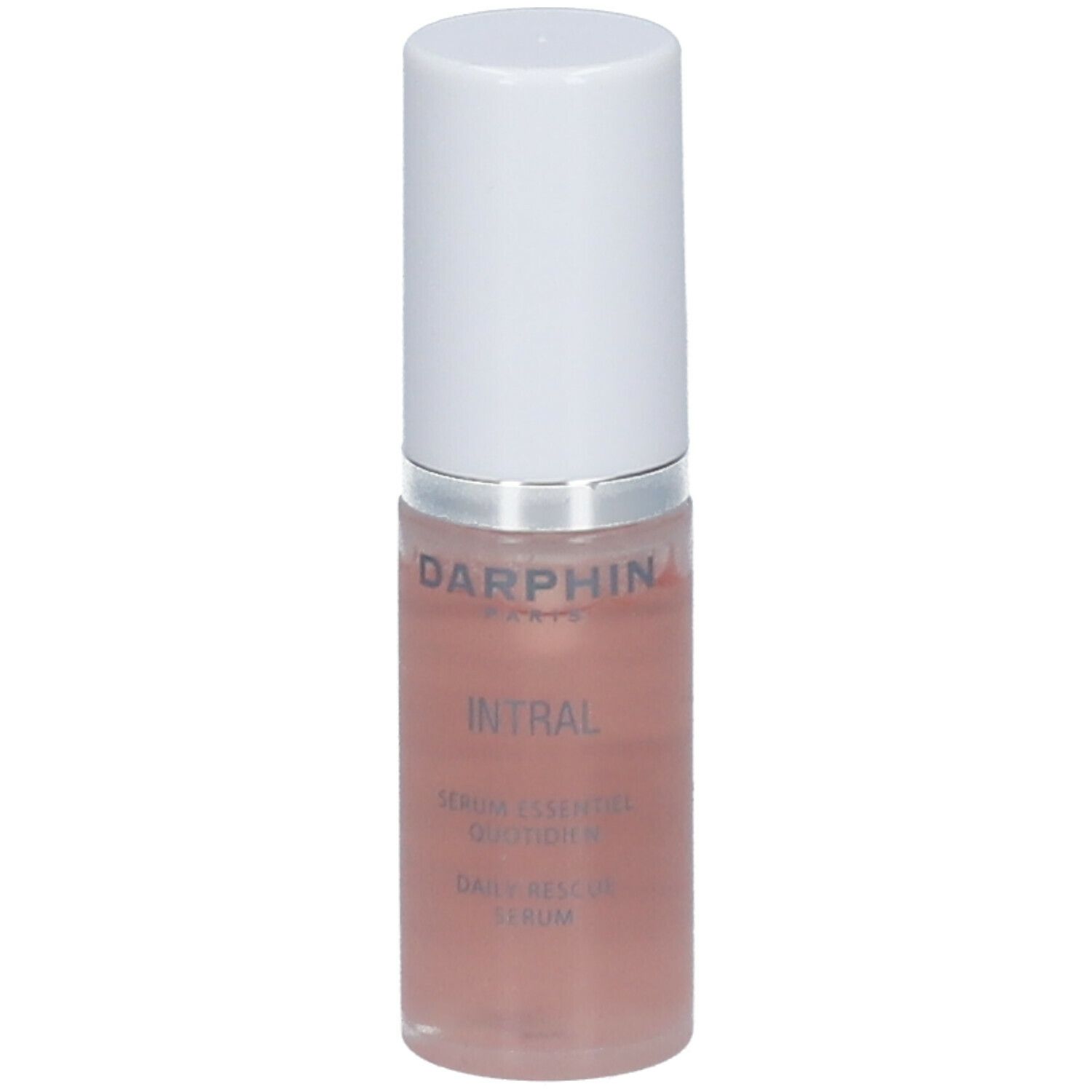 Cilindrische fles met witte dop. Darphin Paris, Intral, Daily Rescue Serum. Roze vloeistof zichtbaar.