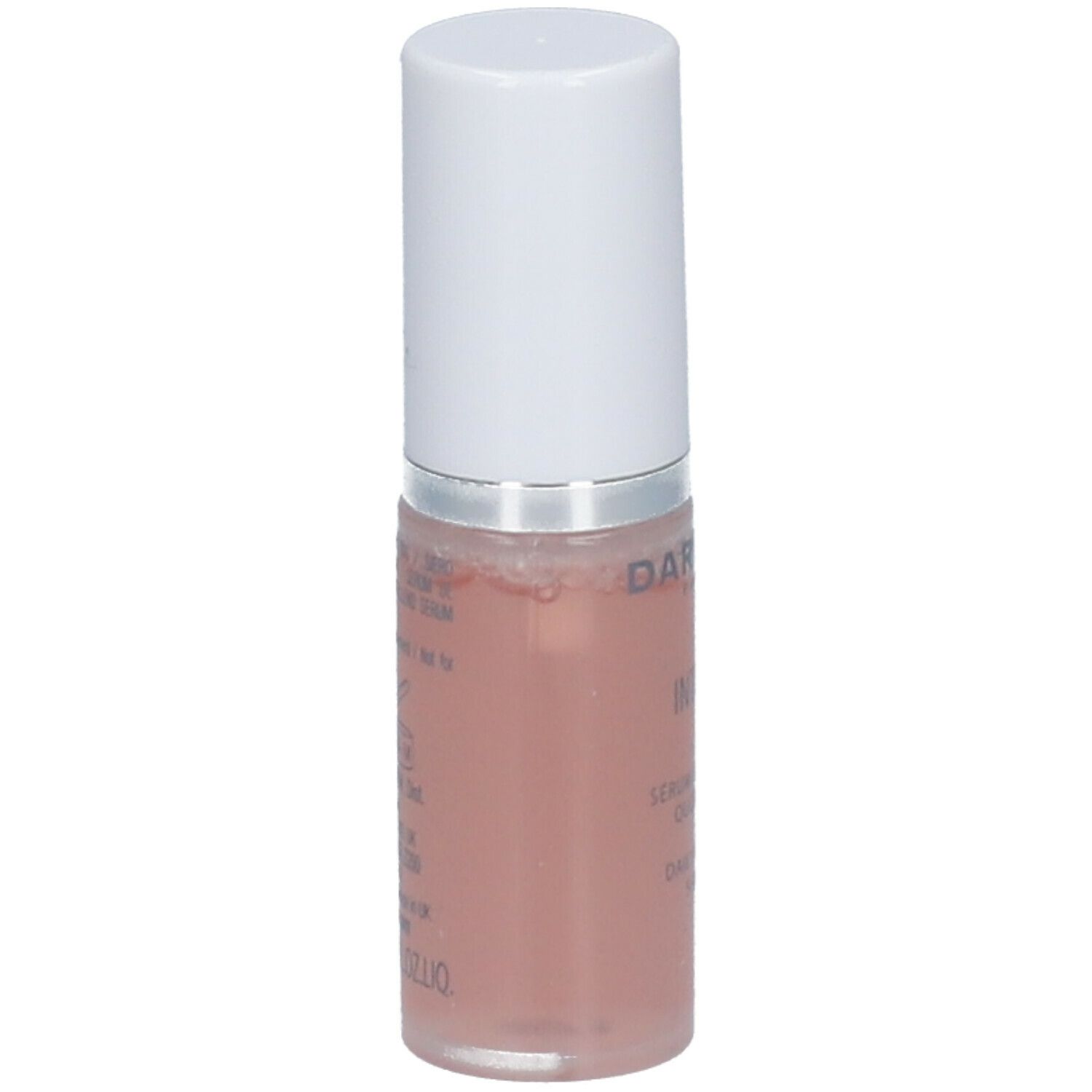 Cilindrische fles met witte dop. Darphin Paris, Intral. Roze vloeistof zichtbaar. Tekst op de fles.