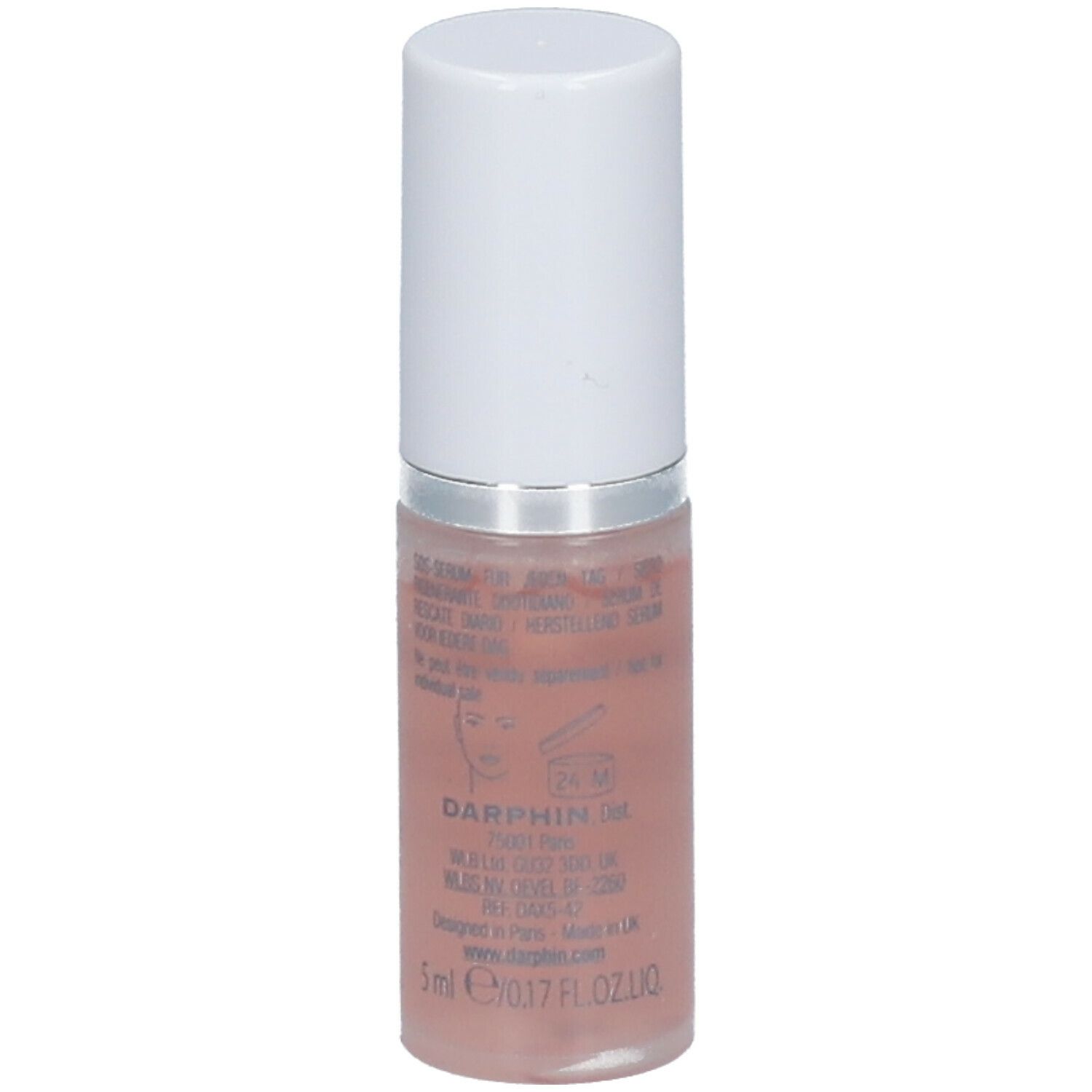 Cilindrische fles met witte dop. Darphin Paris, Intral. Roze vloeistof. 5ml/0.17 FL.OZ. Tekst op de fles.