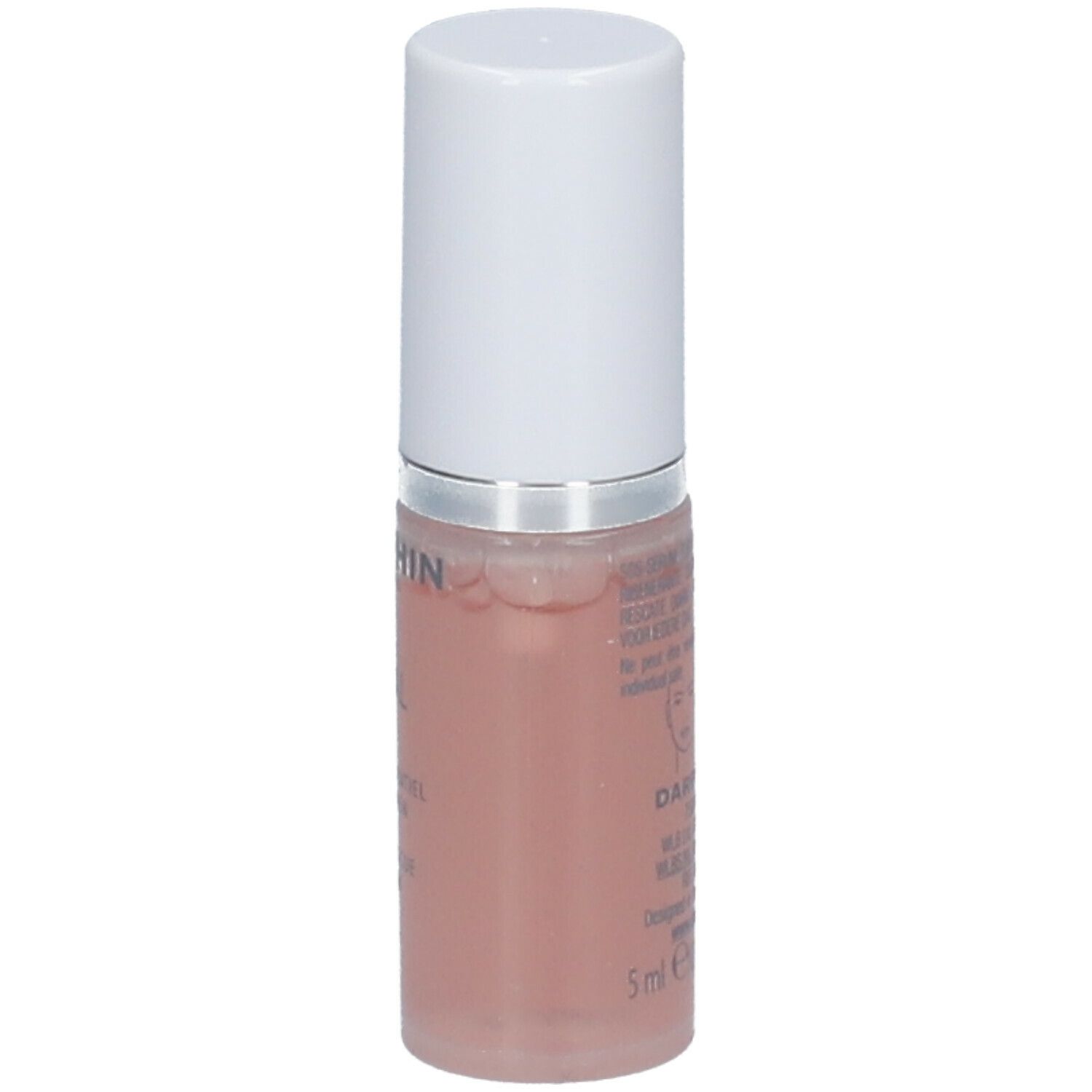 Cilindrische fles met witte dop. Darphin Paris, Intral. Roze vloeistof. 5ml. Tekst op de fles.