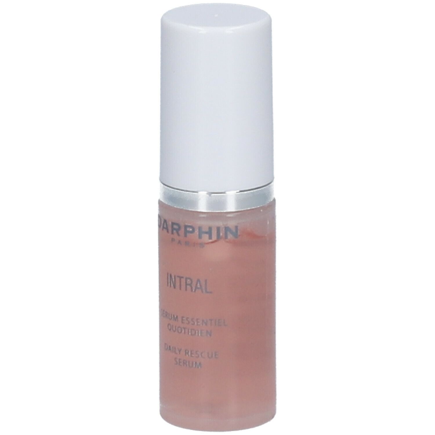 Cilindrische fles met witte dop. Darphin Paris, Intral, Daily Rescue Serum. Roze vloeistof zichtbaar.