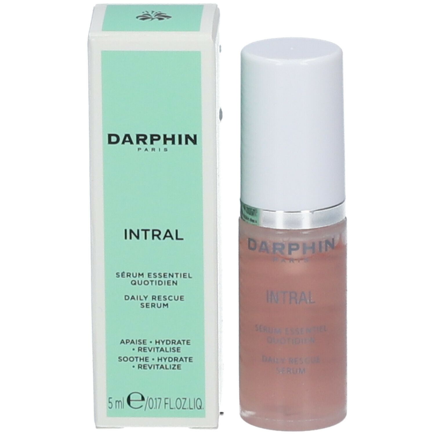 Productfles en doos. Darphin Paris, Intral, Daily Rescue Serum. 5ml/0.17 FL.OZ. Tekst op de verpakking.