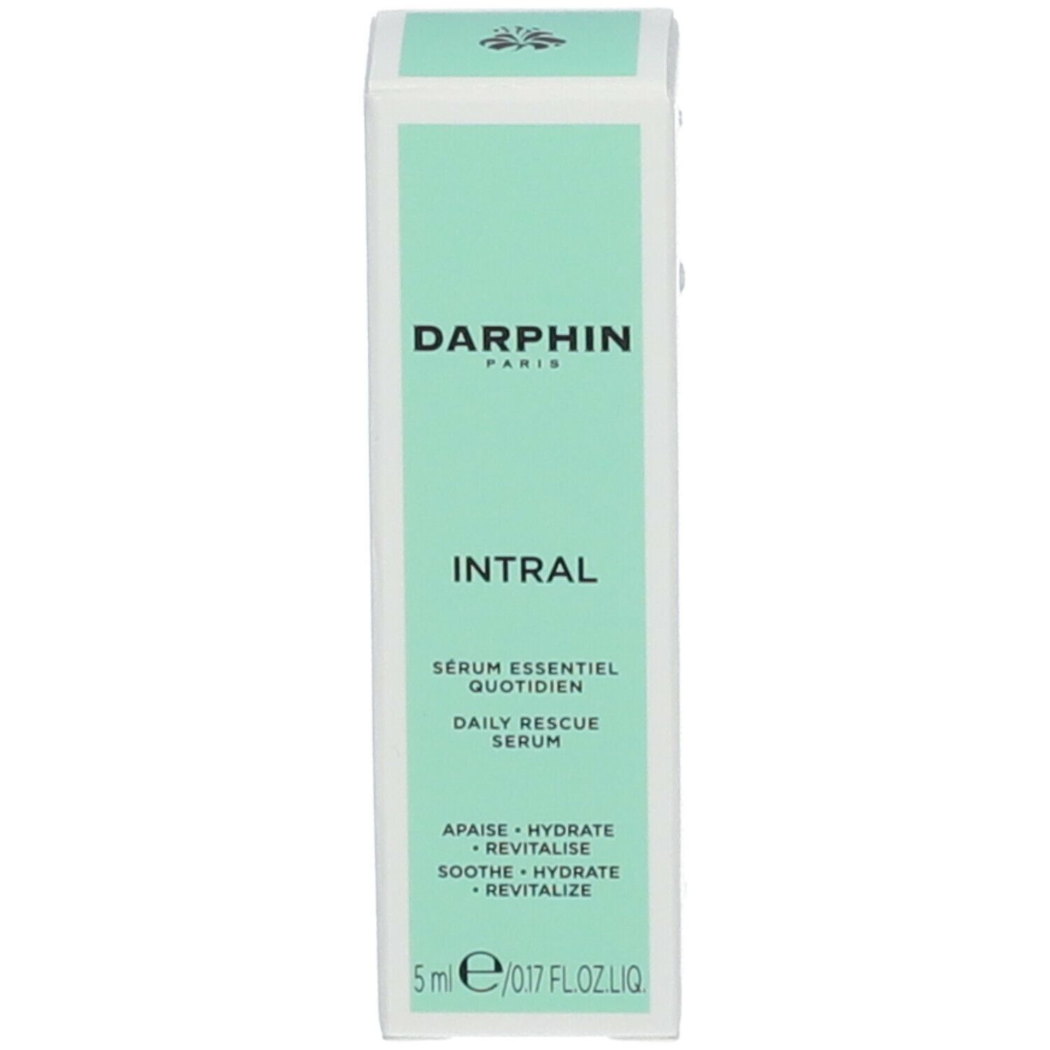 Productverpakking. Darphin Paris, Intral, Daily Rescue Serum. 5ml/0.17 FL.OZ. Tekst op de verpakking.