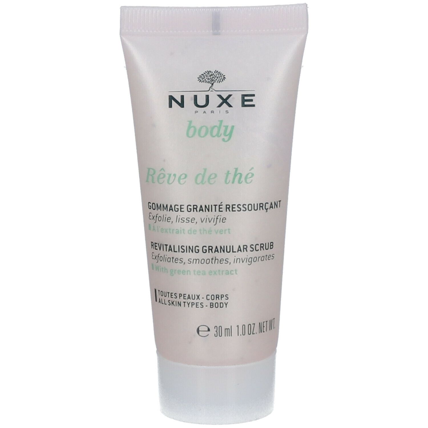 Tube NUXE Body Rêve de thé scrub. Tekst: Gommage Granité Ressourçant. Revitalising Granular Scrub. Voor alle huidtypes.