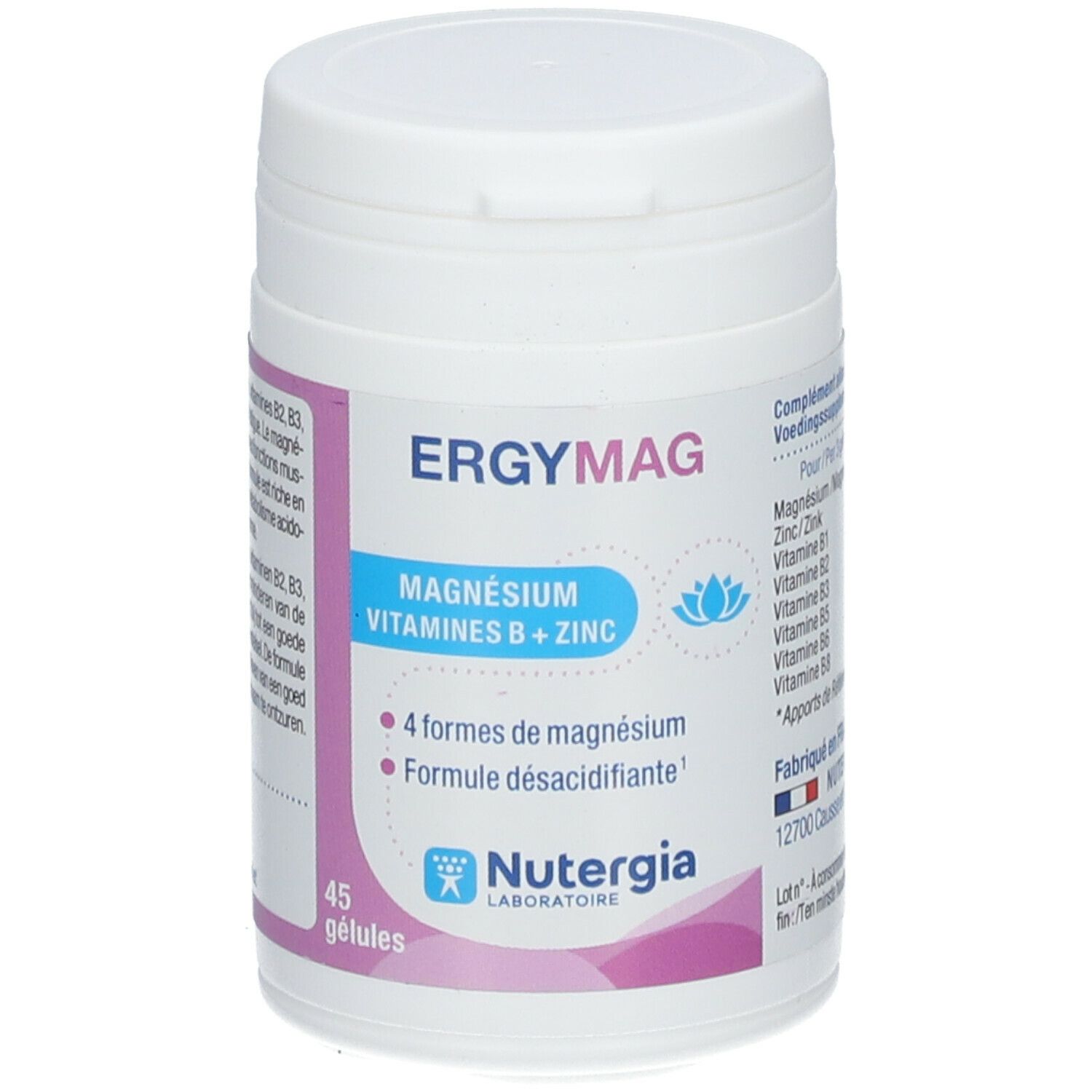 Witte pot met ERGYMAG, MAGNÉSIUM, VITAMINES B + ZINC. Bevat 45 capsules. Merk Nutergia.