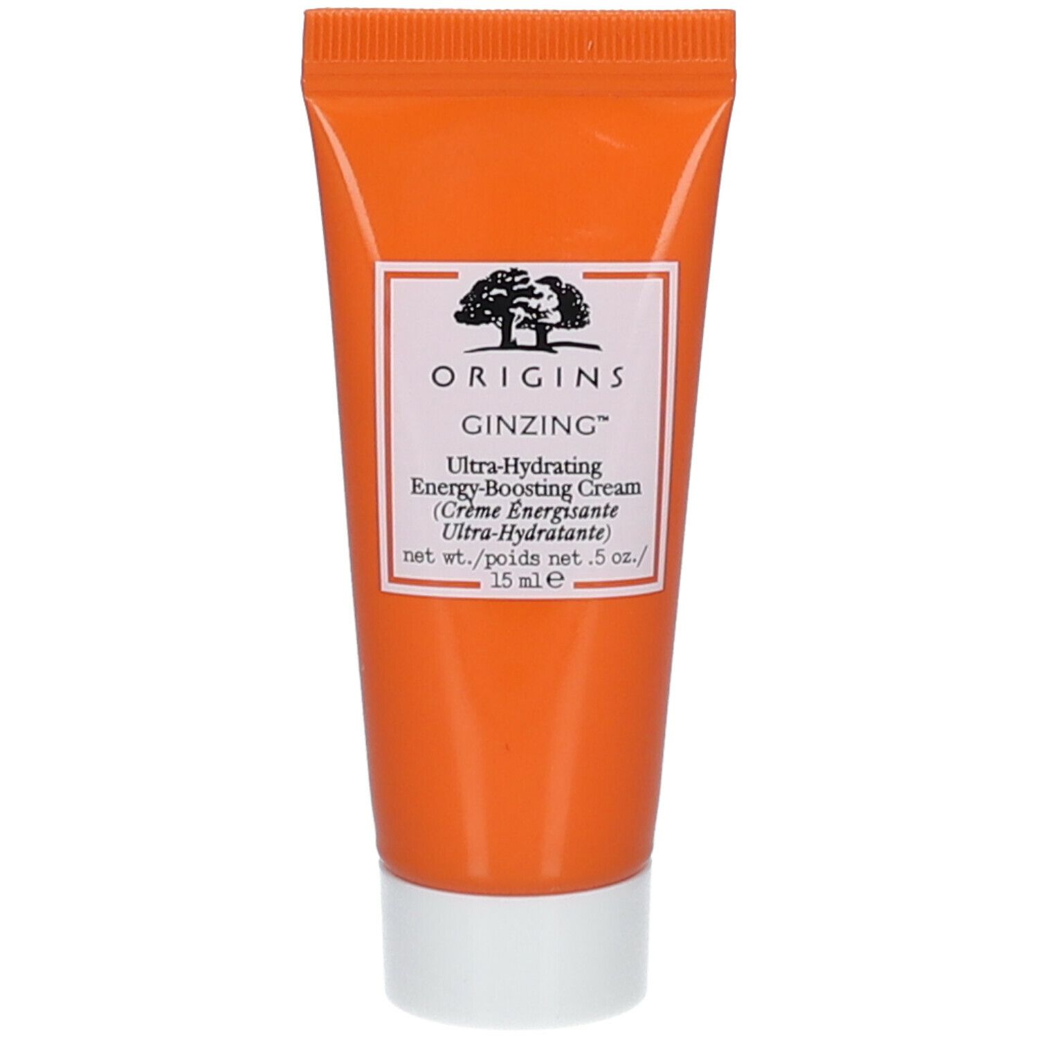 Oranje tube met wit etiket. Tekst: Origins, GinZing, Ultra-Hydrating Energy-Boosting Cream. 15 ml.