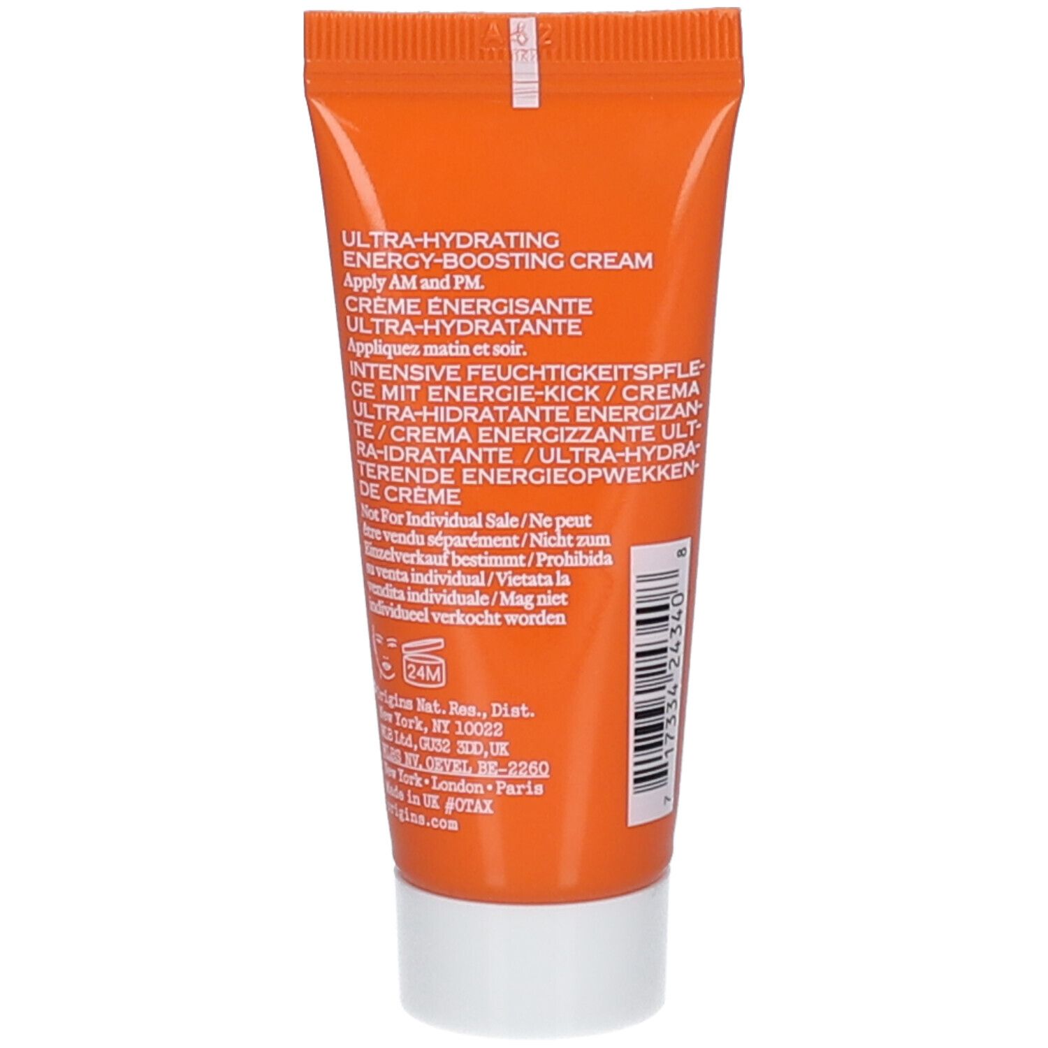 Achterkant van de tube. Tekst: Ultra-Hydrating Energy-Boosting Cream. Meertalige tekst. Witte dop.