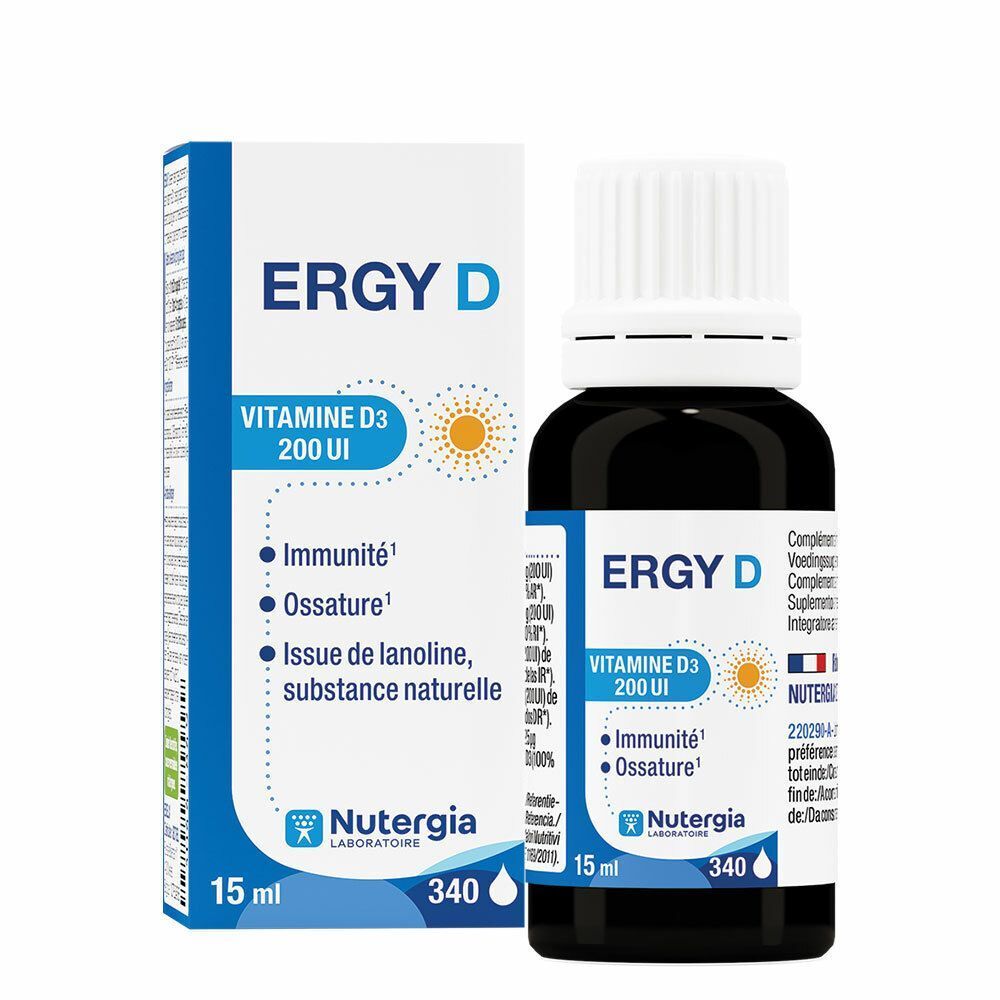 Flesje en doosje Ergy D. Opschrift: Vitamine D3, 200 UI. Merk: Nutergia. 15 ml.