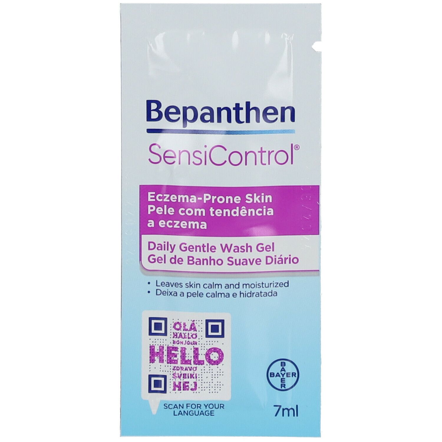 Sachet de Bepanthen SensiControl. Inscription : Eczema-Prone Skin, Daily Gentle Wash Gel. Contient 7ml.