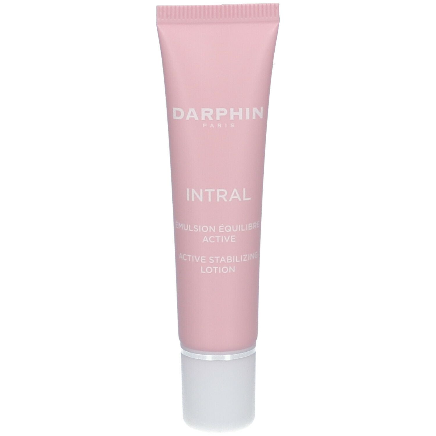 Roze tube met witte dop. Darphin-logo en productnaam Intral. Tekst: Emulsion Équilibre Active, Active Stabilizing Lotion.