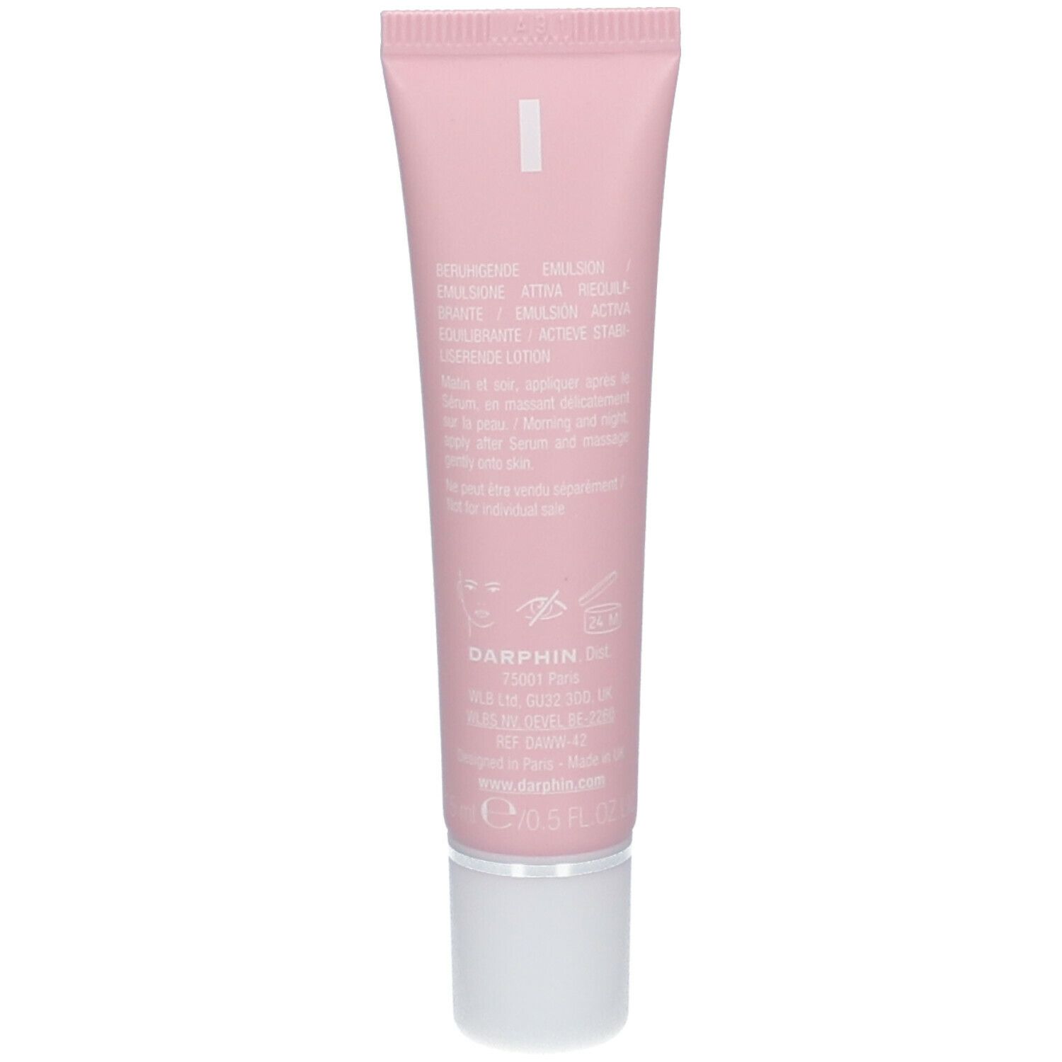 Achterkant van de roze tube. Meertalige tekst. Darphin-logo, productinformatie, ingrediënten en contactgegevens.