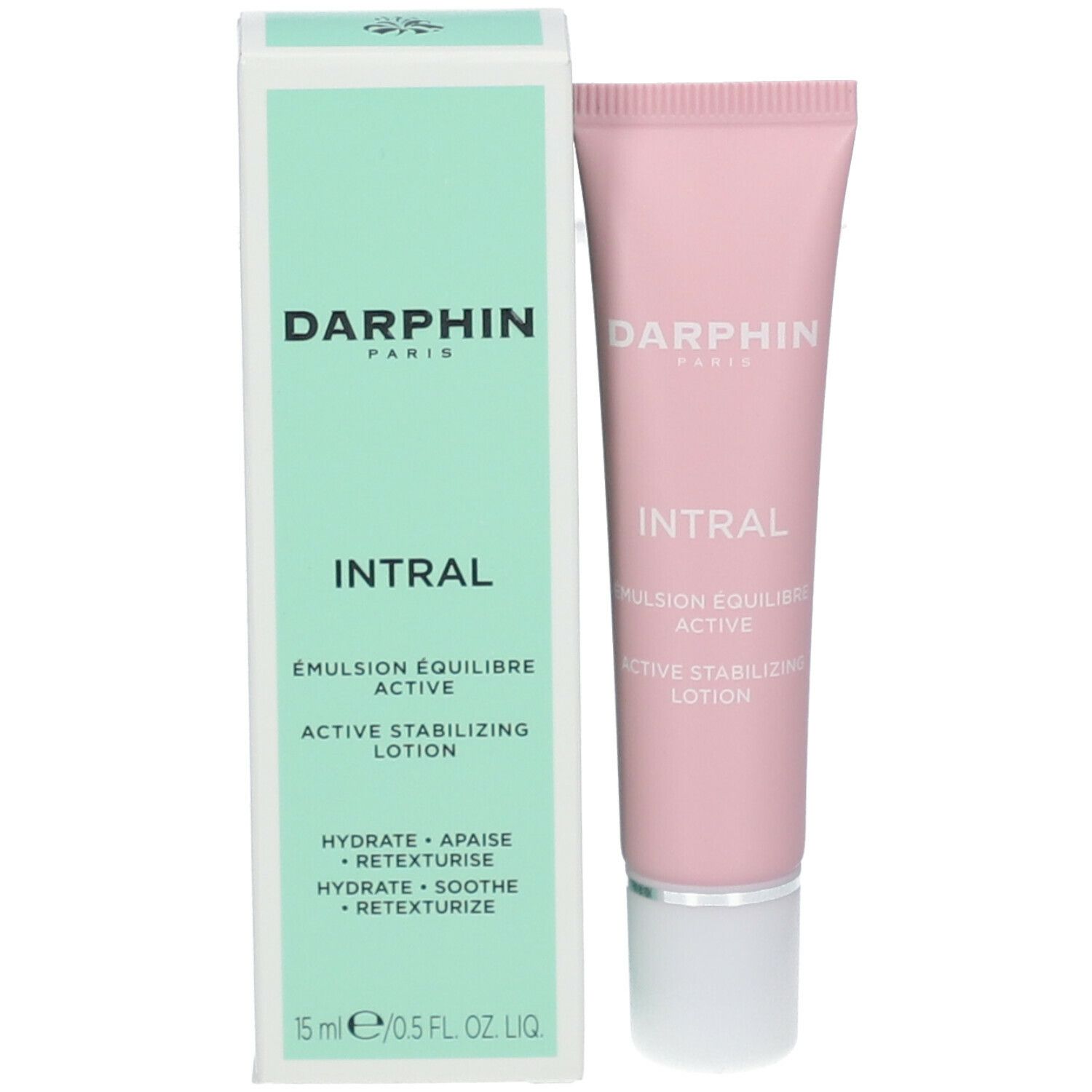 Productverpakking met tube en doos. Groen-witte doos met Darphin-logo en productnaam Intral. Roze tube.