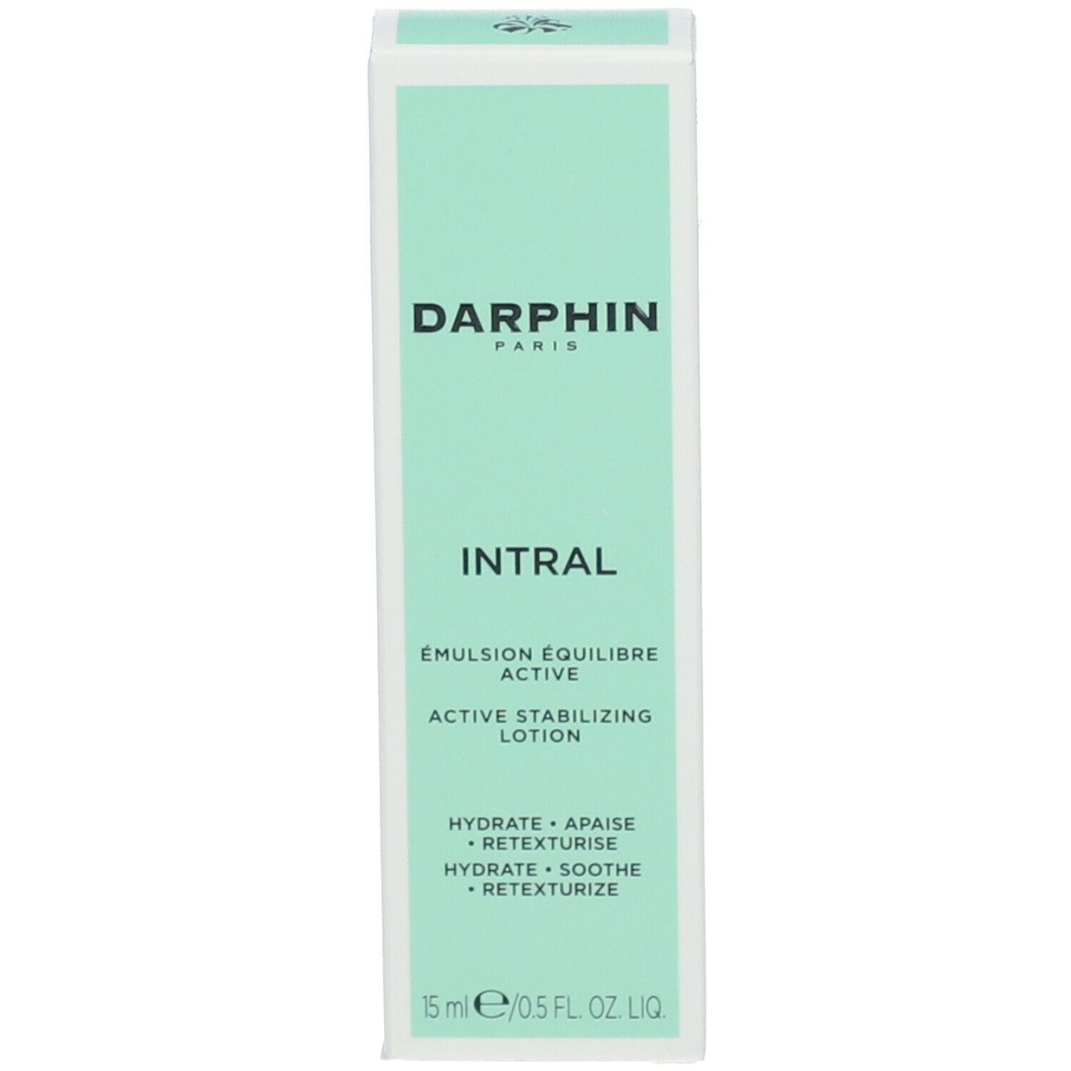 Groen-witte doos met Darphin-logo en productnaam Intral. Tekst: Emulsion Équilibre Active, Active Stabilizing Lotion.