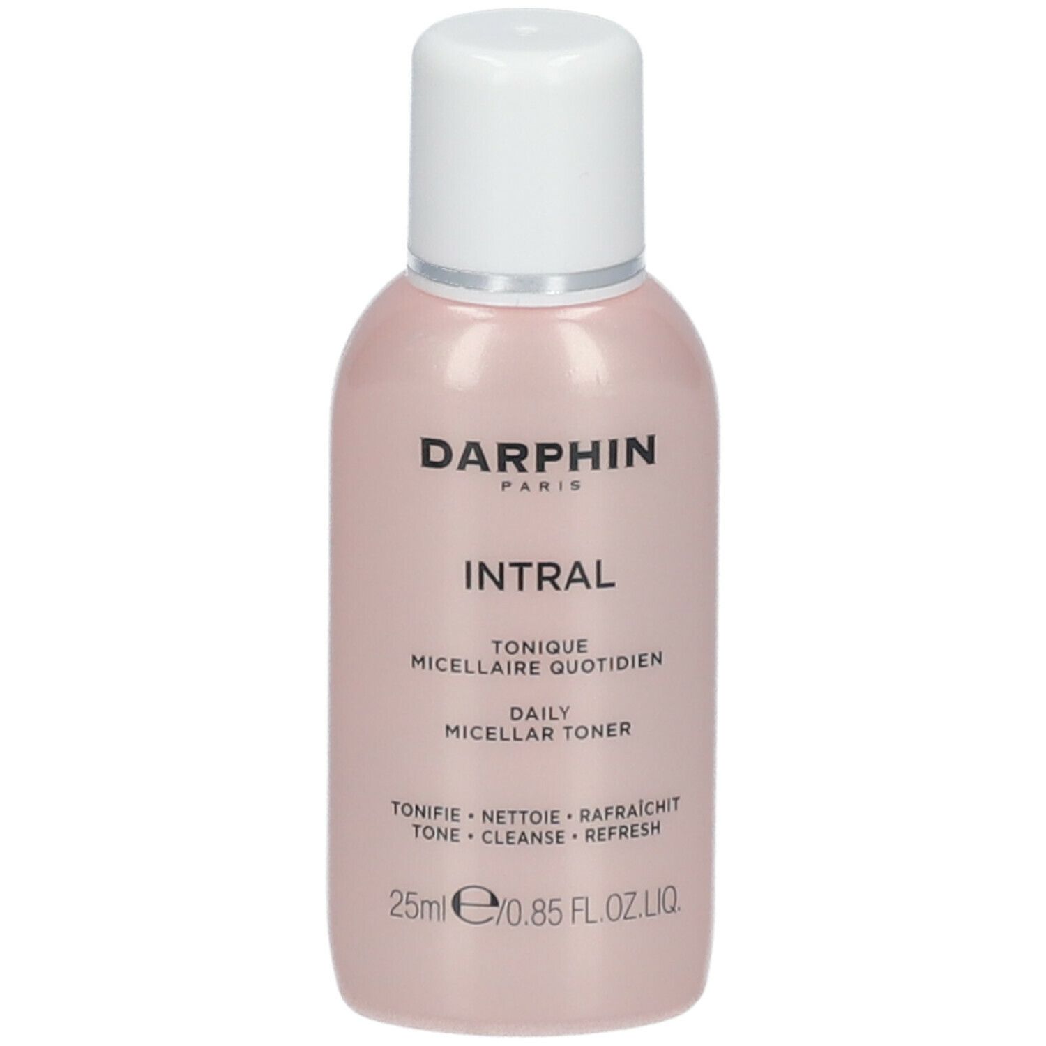 Roze fles met witte dop. Darphin Intral Tonique Micellaire Quotidien. Tekst: Daily Micellar Toner, 25ml.