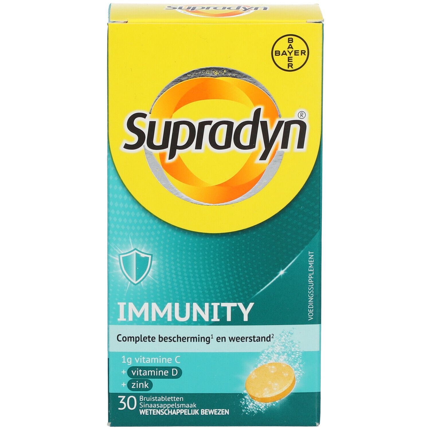 Boîte Supradyn Immunity. Jaune et verte, nom du produit et informations. 30 comprimés effervescents.
