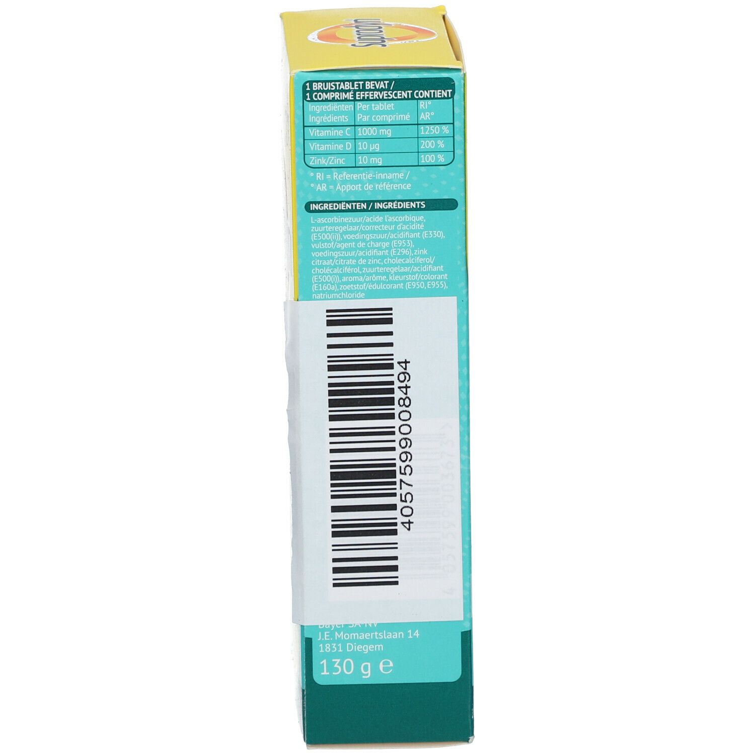 Vue latérale de l'emballage Supradyn Immunity. Informations sur les ingrédients et le poids : 130 g.