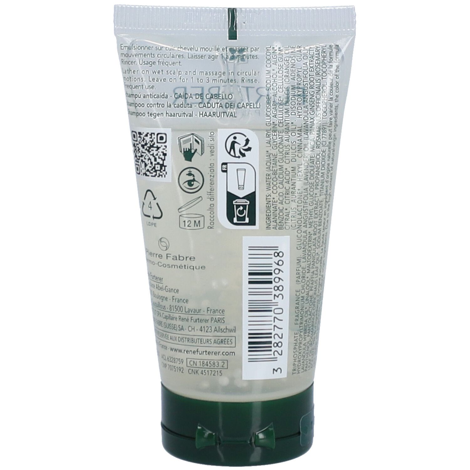 Dos du tube. Texte et code QR. Ingrédients et symbole de recyclage. Bouchon vert.