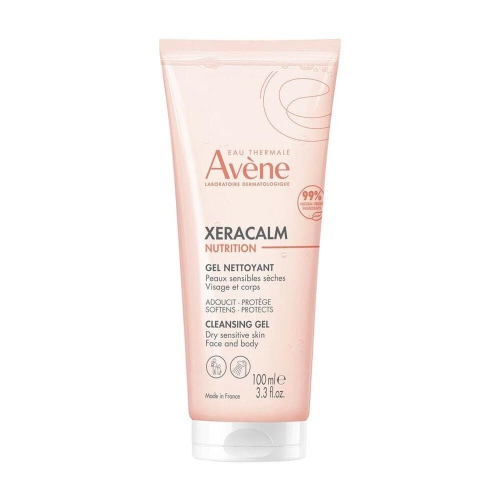 Tube rose avec texte. "Avène Xeracalm Nutrition Gel Nettoyant" et autres informations. 100ml.