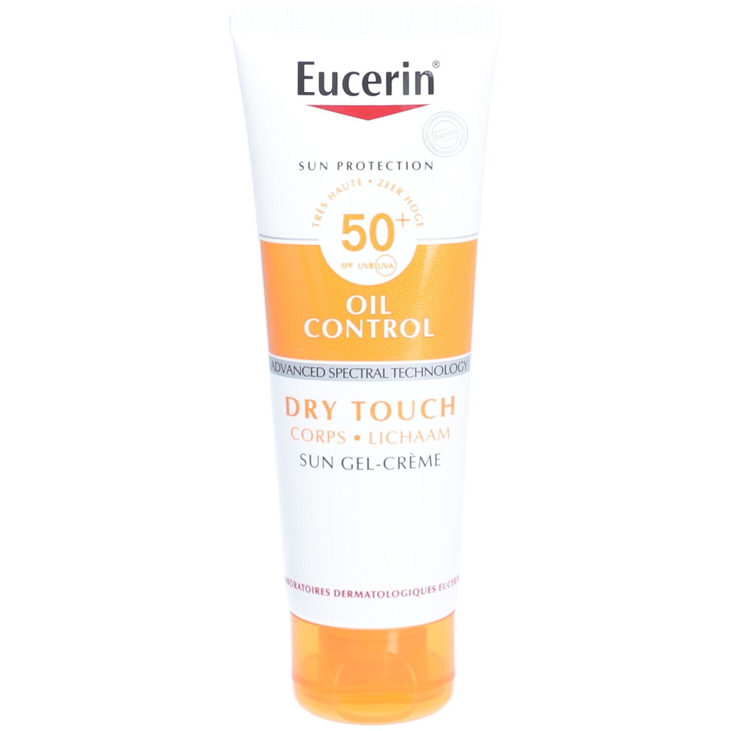 Tube blanche avec bande orange. Inscription Eucerin Sun Protection, SPF 50+ et Oil Control. Dry Touch Sun Gel-Crème.