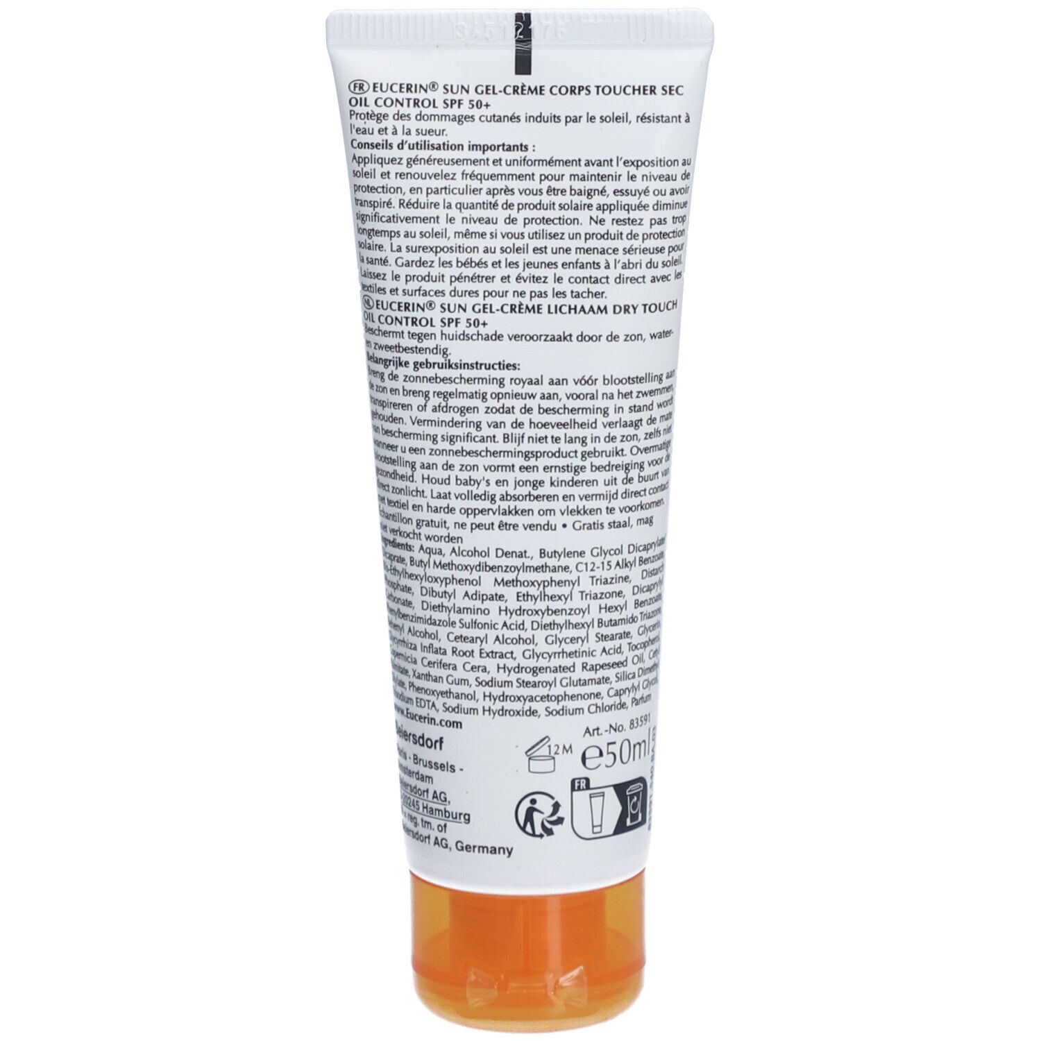 Dos du tube. Texte multilingue. Bouchon orange. Eucerin Sun Gel-Crème. Ingrédients et informations fabricant.