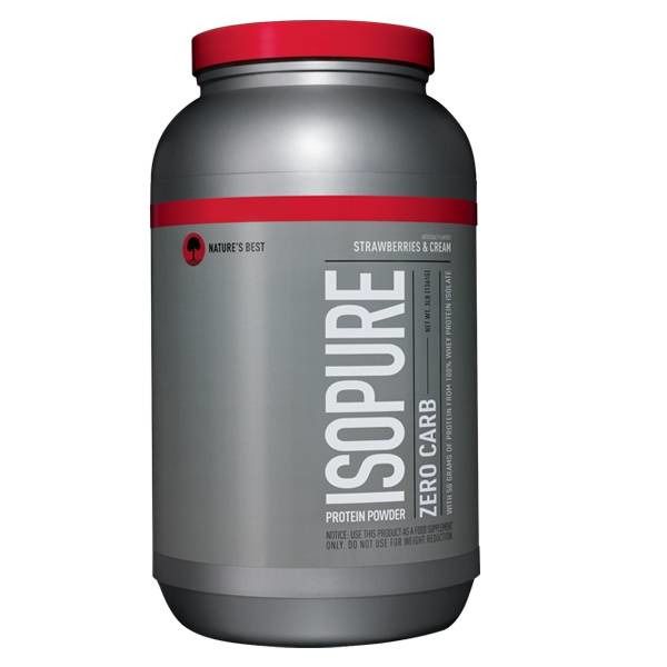 Grijze pot met rode deksel. Opschrift ISOPURE, Zero Carb, Aardbei & Room. Nature's Best logo.