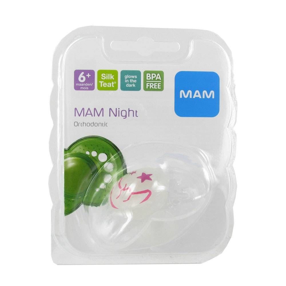 Verpakking met fopspeen. MAM Night, transparant, orthodontisch. Licht op in het donker. BPA-vrij. 6+ maanden.