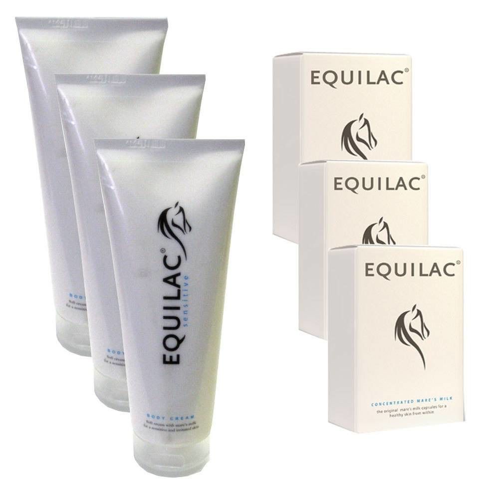 Drie tubes bodycrème en drie dozen. Op de tubes en dozen staat "Equilac". Op de tubes is een paardenkop afgebeeld.