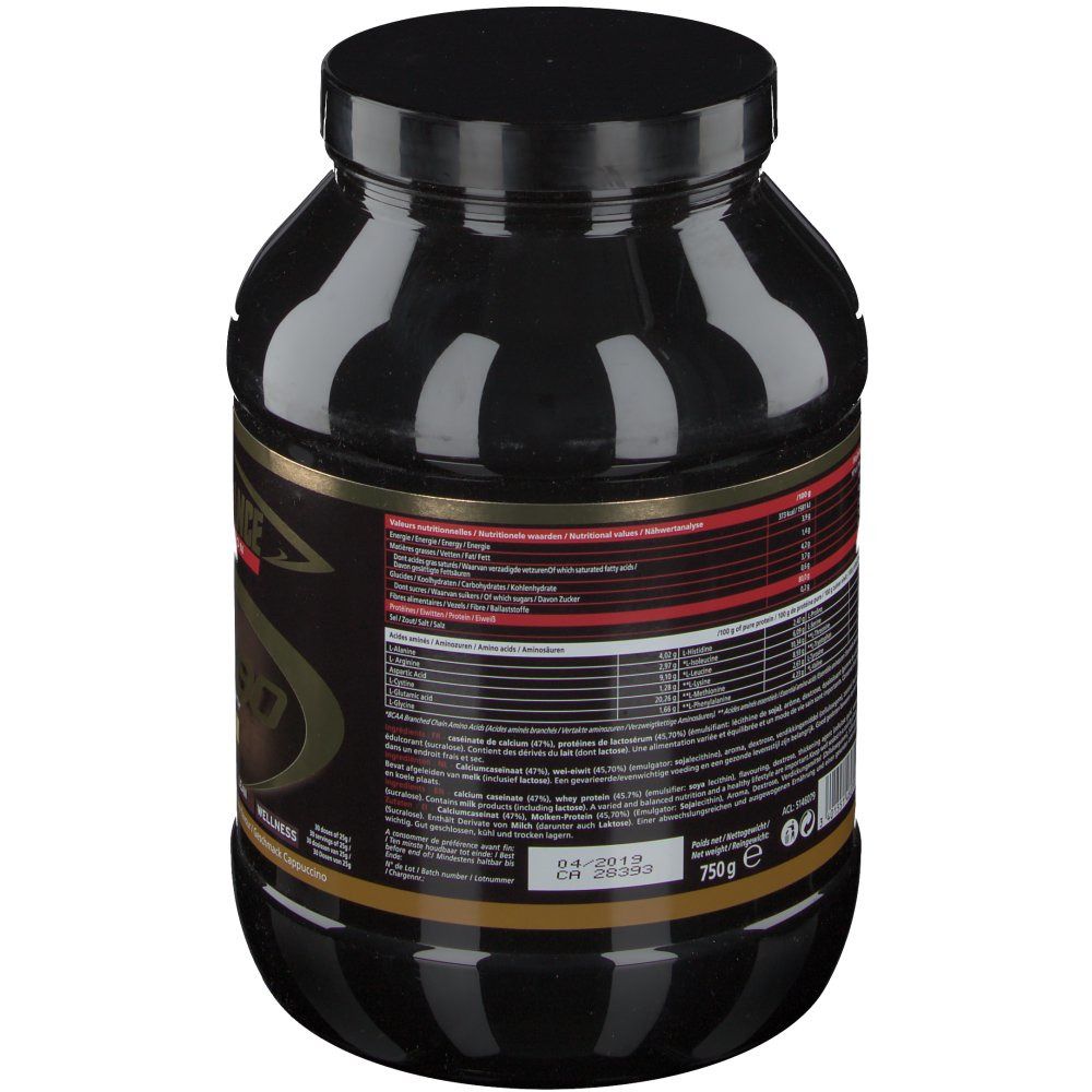 Achterkant van een zwarte pot. Label met voedingsinformatie en meertalige tekst. Gewicht: 750g.