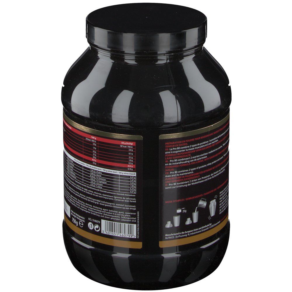 Achterkant van een zwarte pot. Label met voedingsinformatie en meertalige tekst. Illustraties van bereidingsstappen.