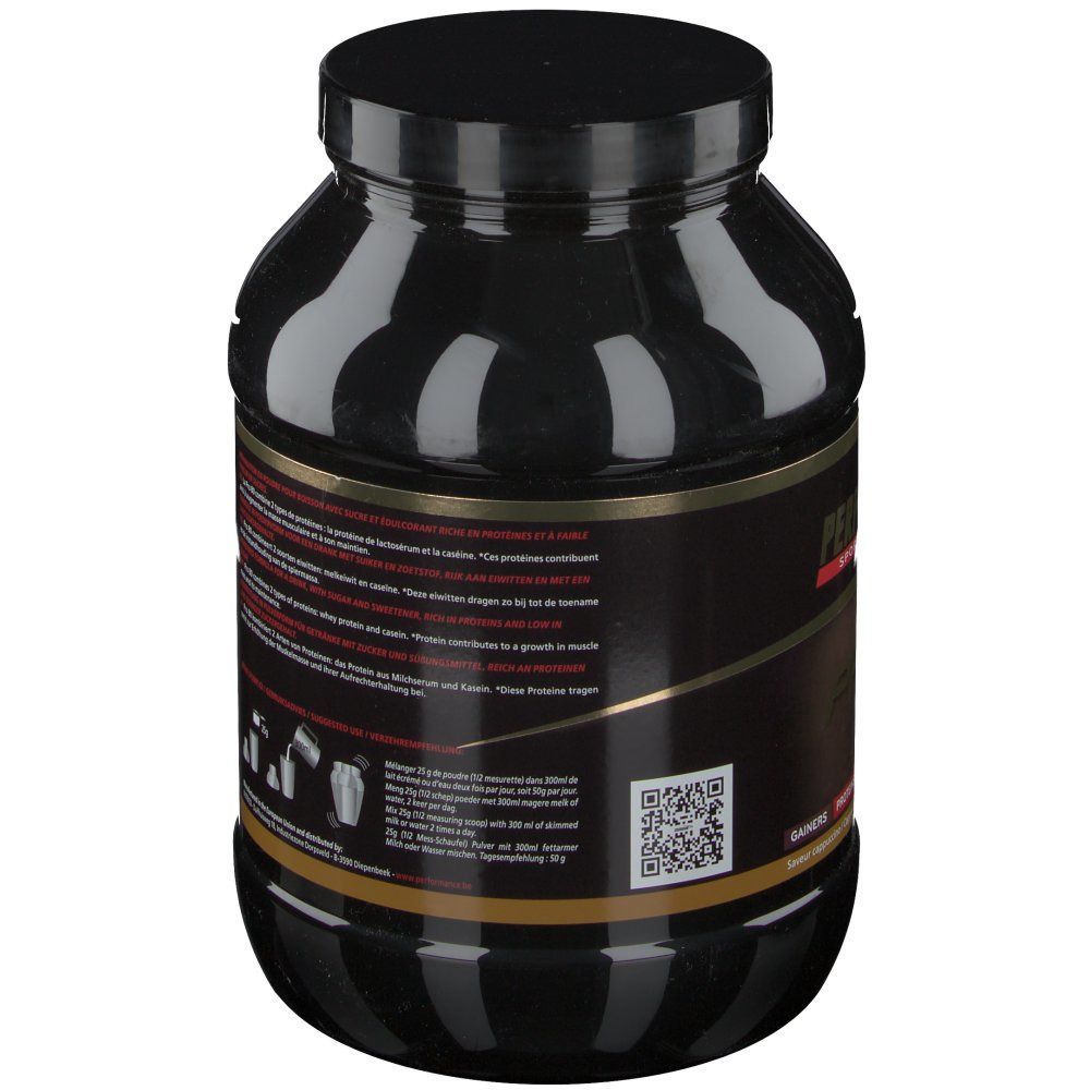 Achterkant van een zwarte pot. Label met meertalige tekst. QR-code en illustraties van bereidingsstappen.