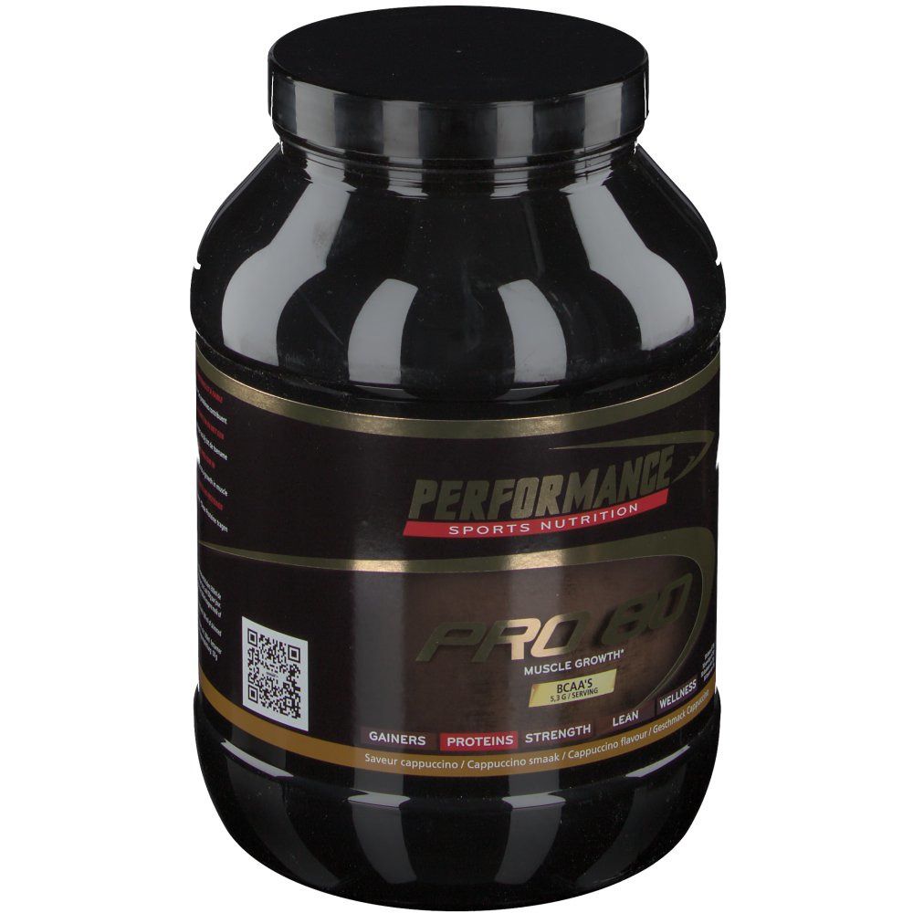 Zwarte pot met "PERFORMANCE SPORTS NUTRITION PRO 80" label. Gouden tekst, QR-code.