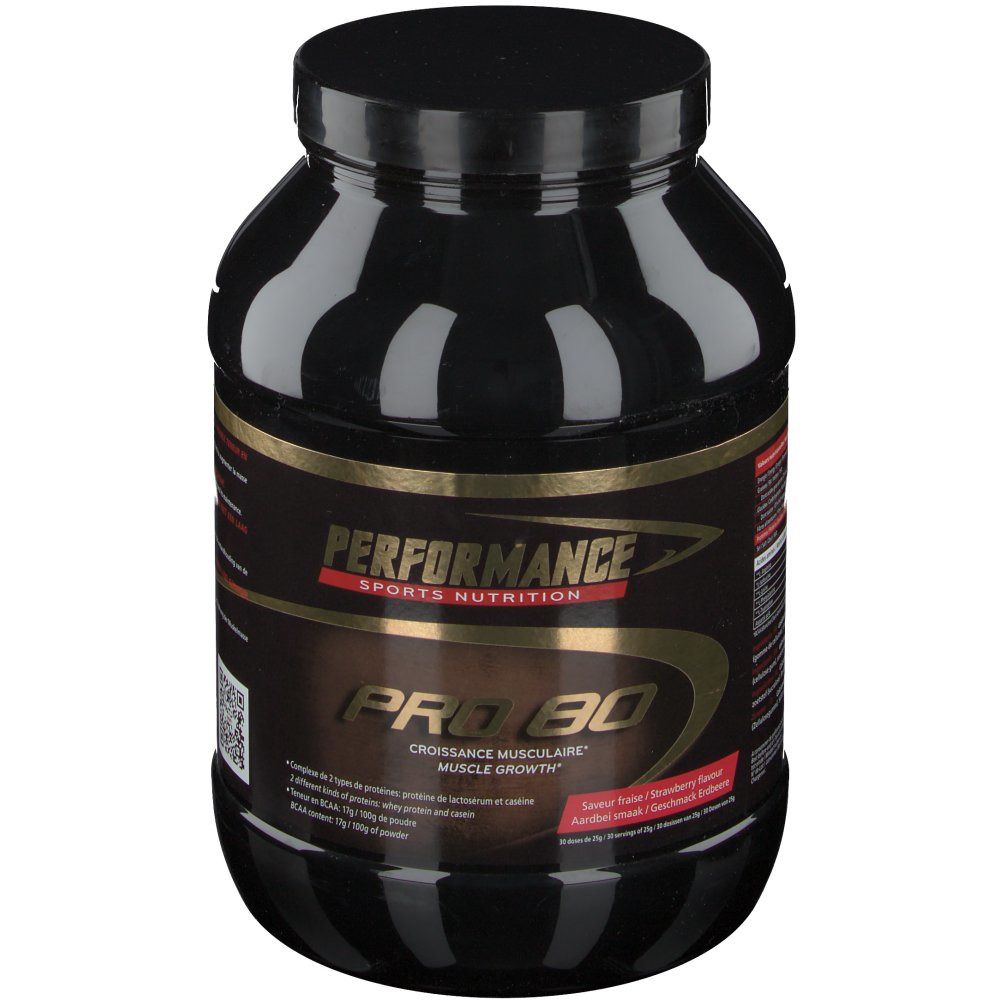 Zwarte pot met "Performance Pro 80". Gouden letters. Smaak: Aardbei-framboos.