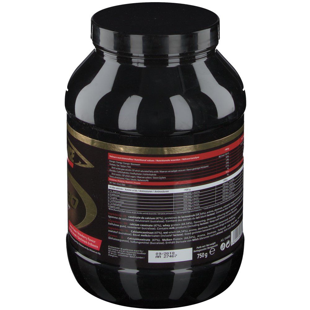 Zwarte pot, achterkant met tekst en voedingswaarde. Gouden letters. 750g.