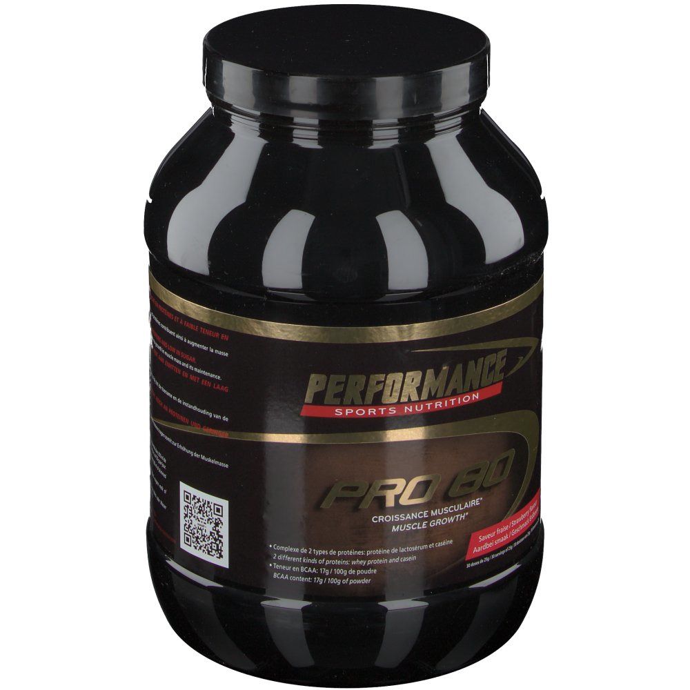 Zwarte pot met "Performance Pro 80". Gouden letters.