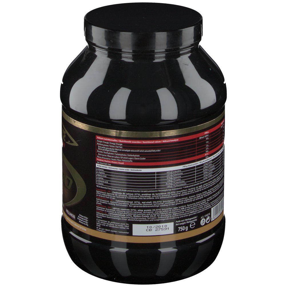 Dos du pot noir. Étiquette avec informations nutritionnelles et texte. Bord doré. Couvercle noir.