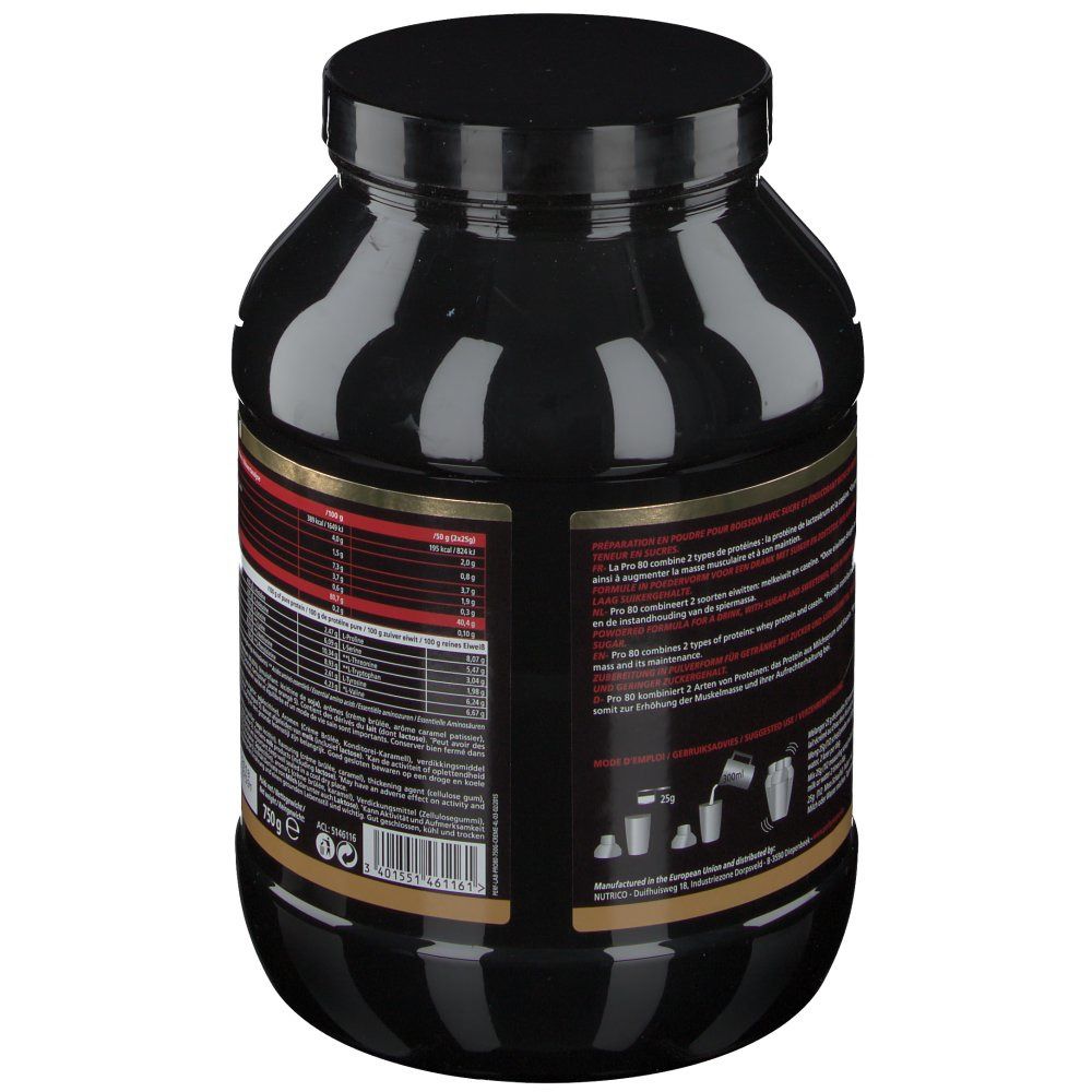 Dos du pot noir. Étiquette avec informations nutritionnelles et texte. Bord doré. Couvercle noir.