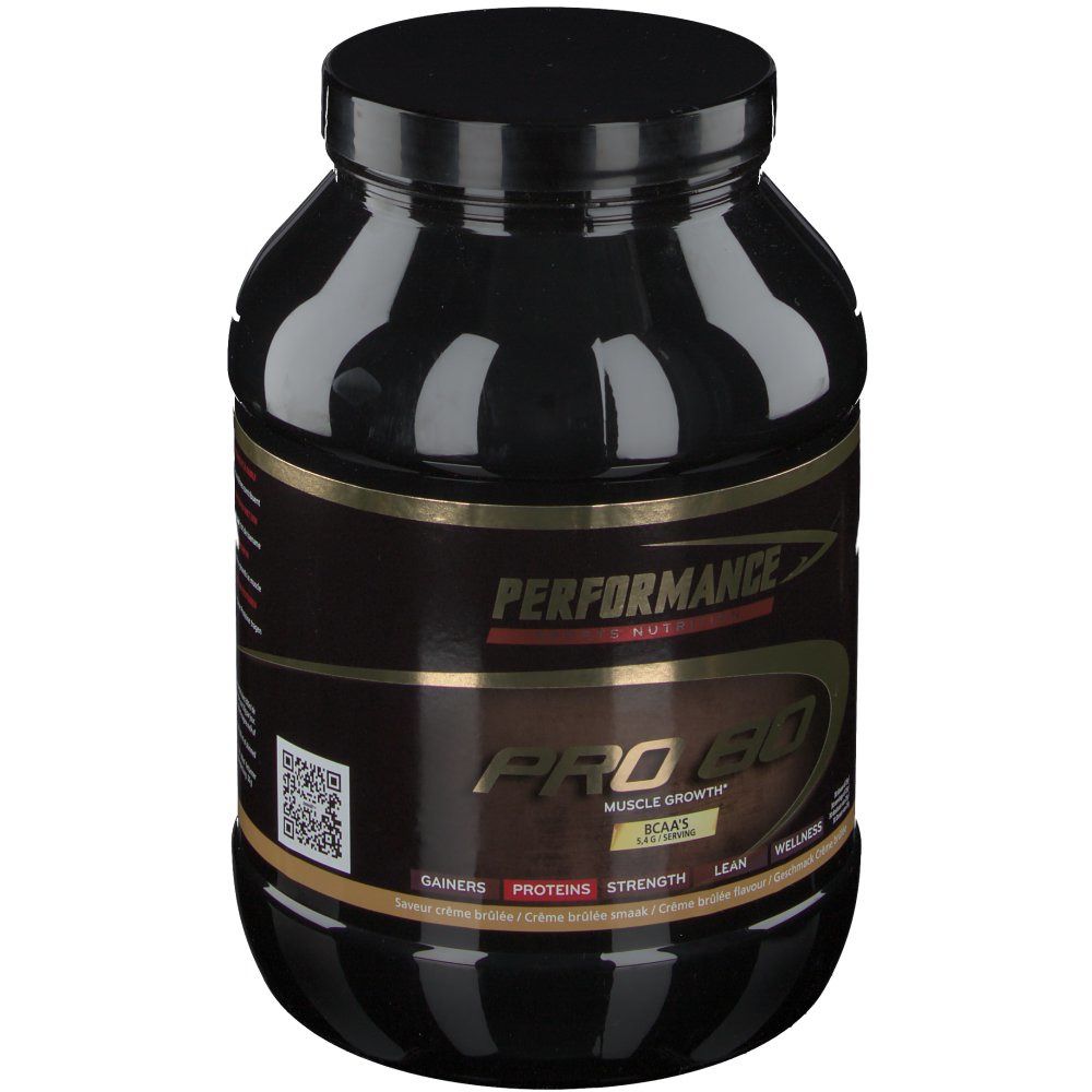 Pot noir avec étiquette. Inscription: Performance Pro 80. Accents dorés et rouges. Texte: BCAA's, Muscle Growth.