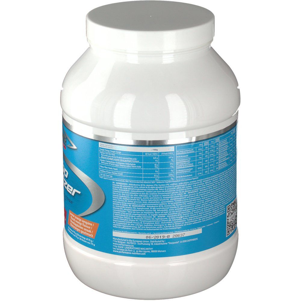 Witte pot, achterkant met blauw etiket. Bevat voedingsinformatie en QR-code. Zilveren rand.