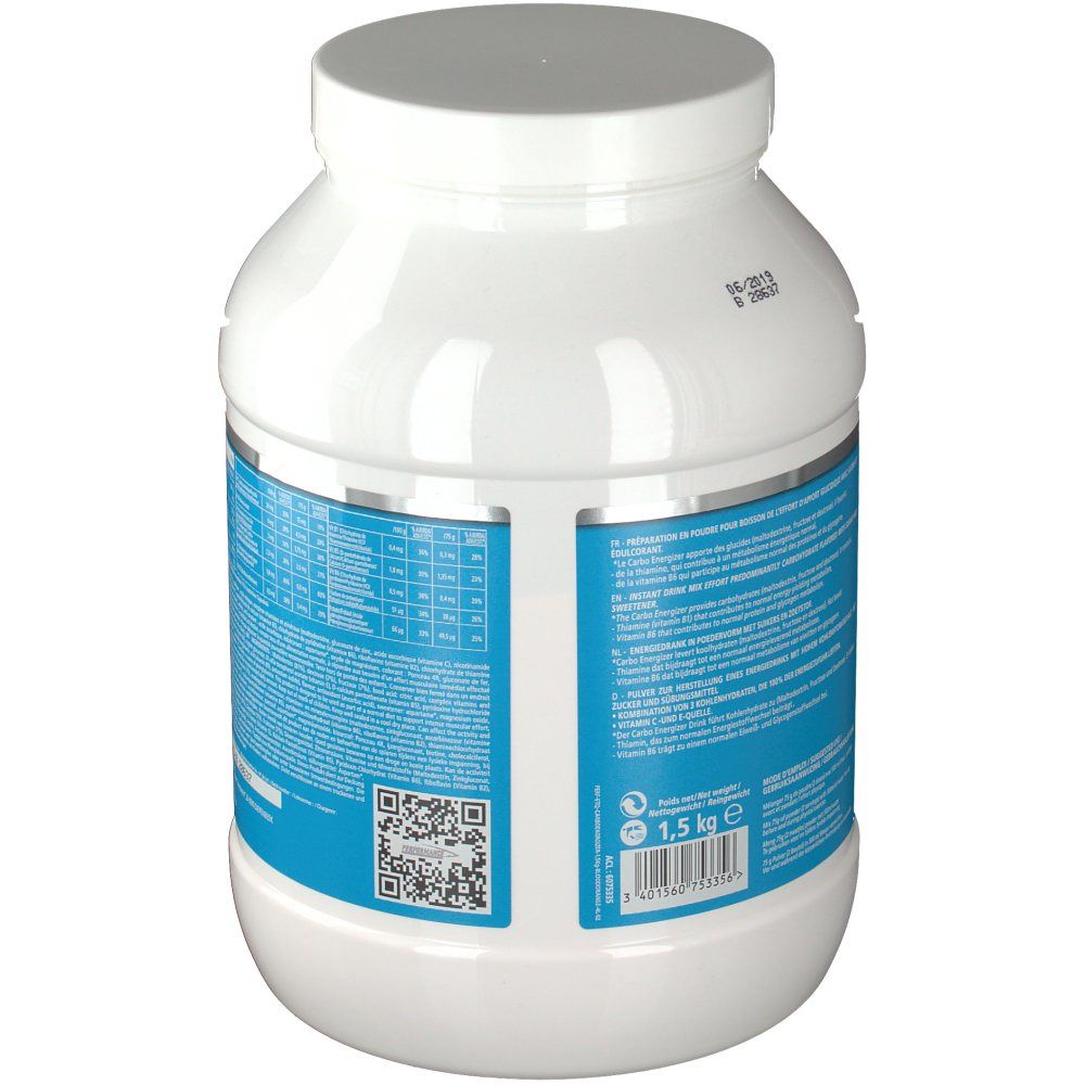 Witte pot, achterkant met blauw etiket. Bevat voedingsinformatie en QR-code. Gewicht: 1,5 kg.