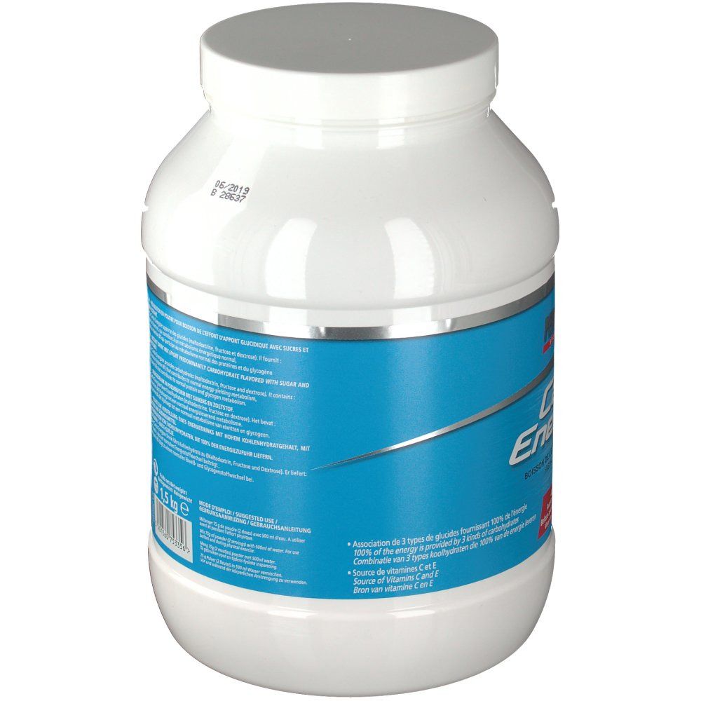Witte pot, achterkant met blauw etiket. Bevat voedingsinformatie. Gewicht: 1,5 kg. Zilveren rand.