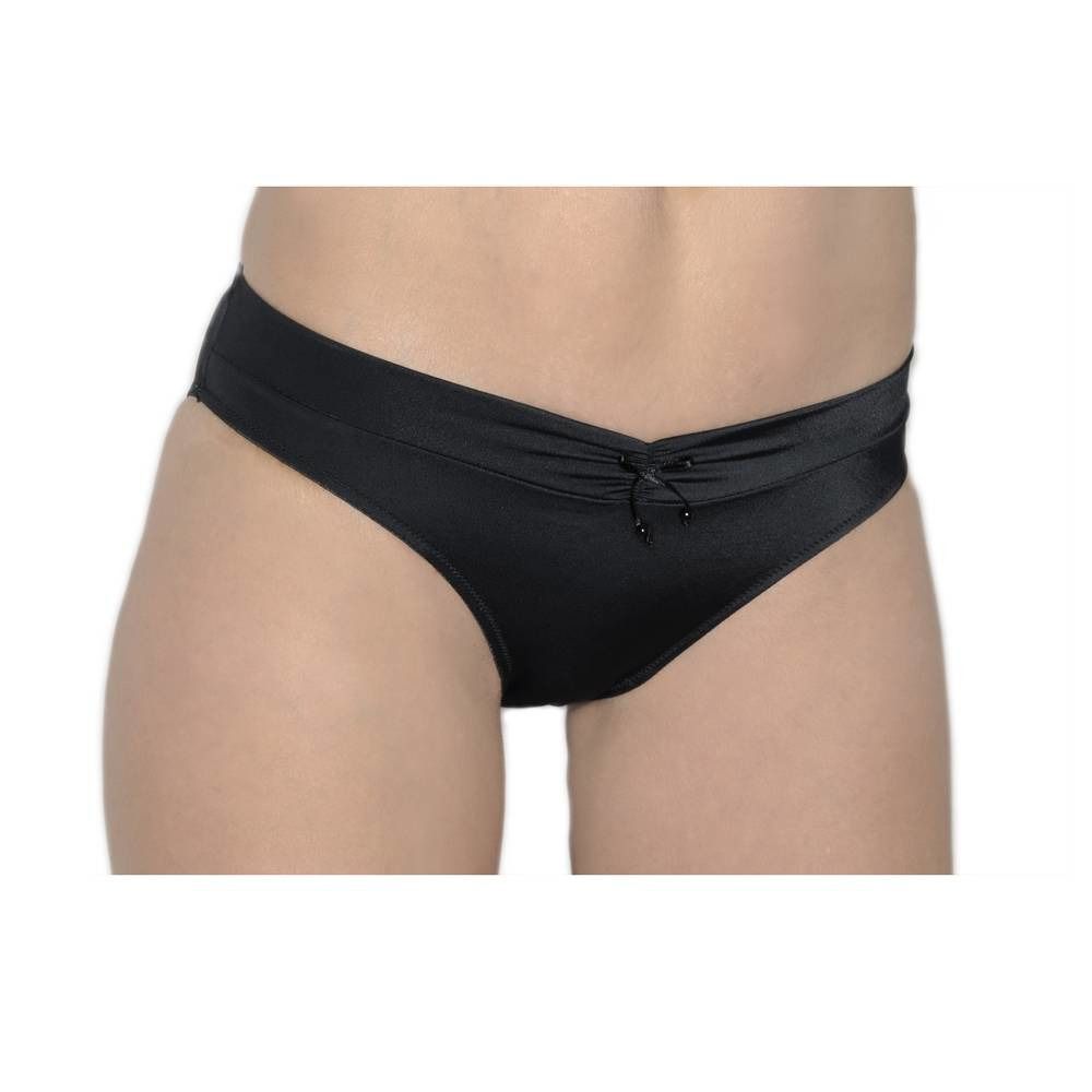 Slip noir. Vue de face. Tissu avec nœud et perles décoratives.