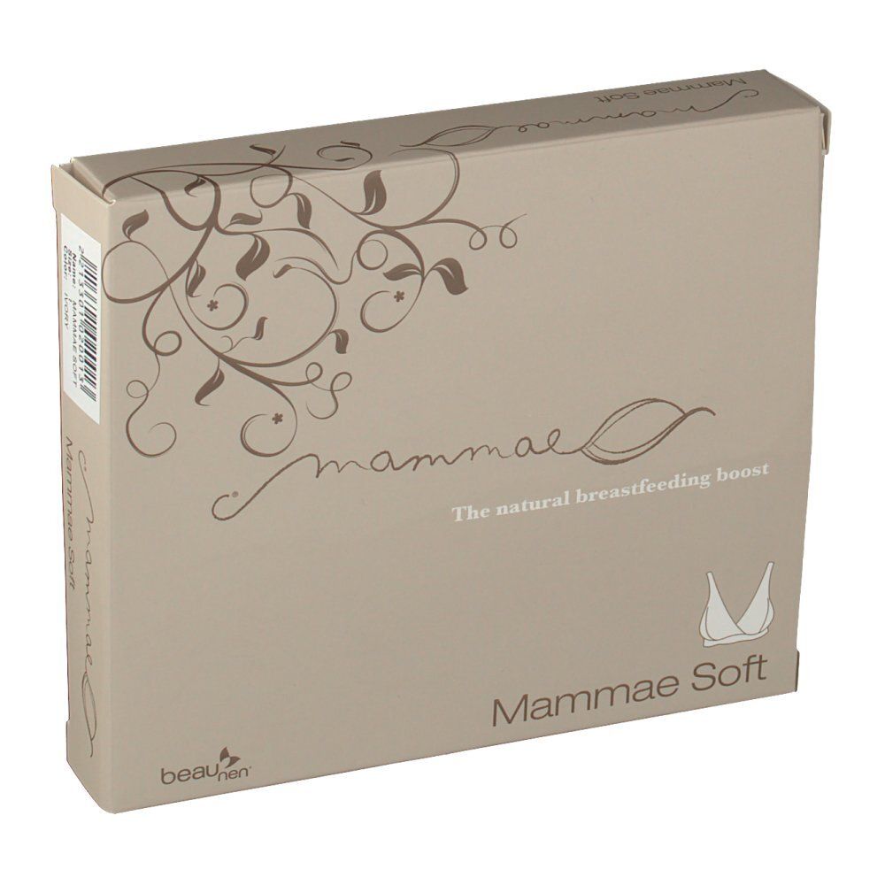 Boîte beige avec le texte « mammae » et « Mammae Soft ». Illustration d'un soutien-gorge. Texte : « The natural breastfeeding boost ».