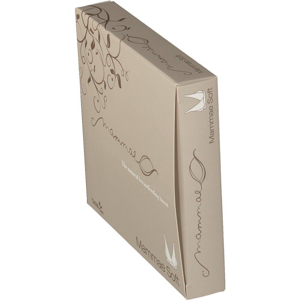 Boîte beige, vue latérale. Texte « mammae » et « Mammae Soft ». Texte : « The natural breastfeeding boost ».