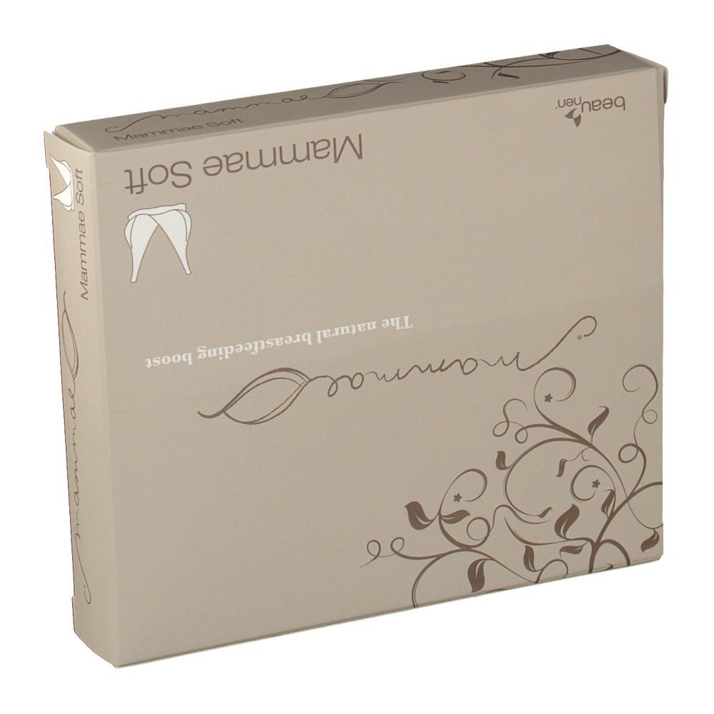 Boîte beige avec le texte « mammae » et « Mammae Soft ». Illustration d'un soutien-gorge. Texte : « The natural breastfeeding boost ».