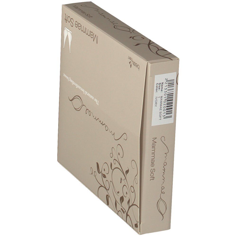 Boîte beige, vue latérale. Texte « mammae » et « Mammae Soft ». Texte : « The natural breastfeeding boost ». Code-barres.