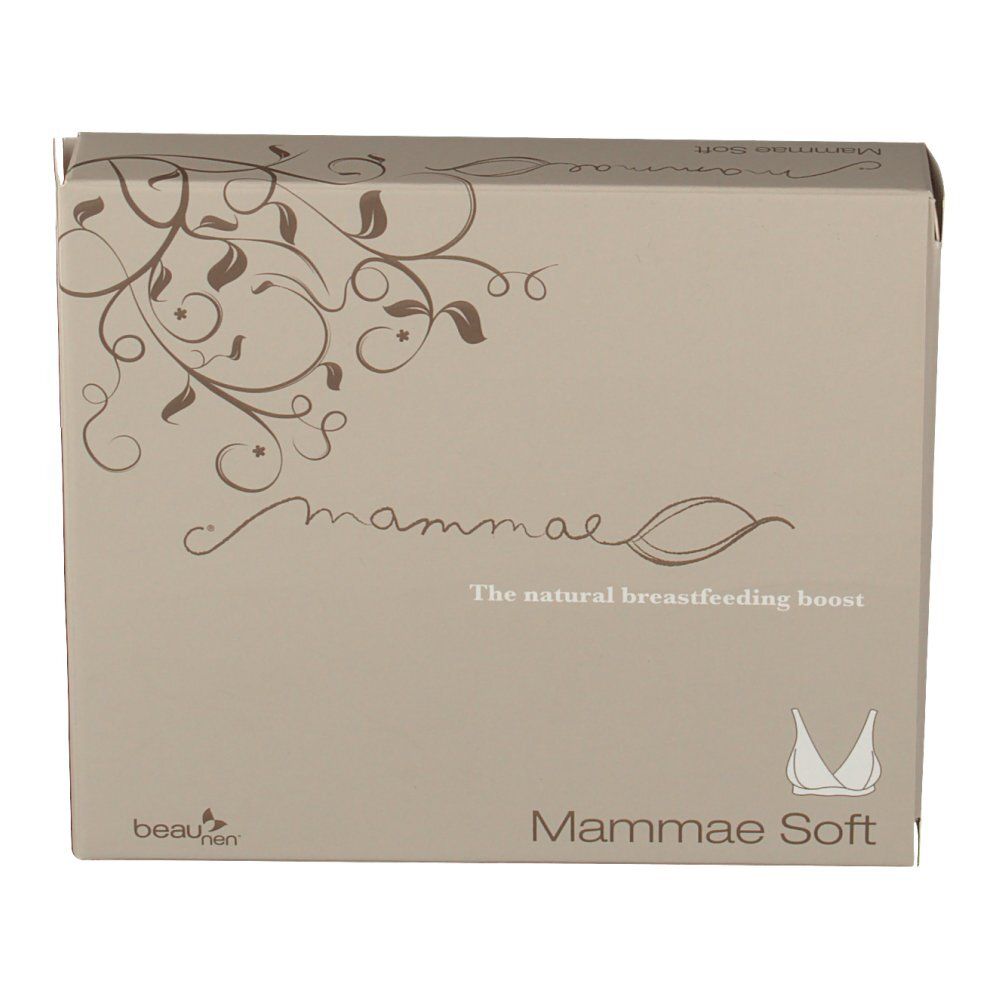 Boîte beige avec le texte « mammae » et « Mammae Soft ». Illustration d'un soutien-gorge. Texte : « The natural breastfeeding boost ».