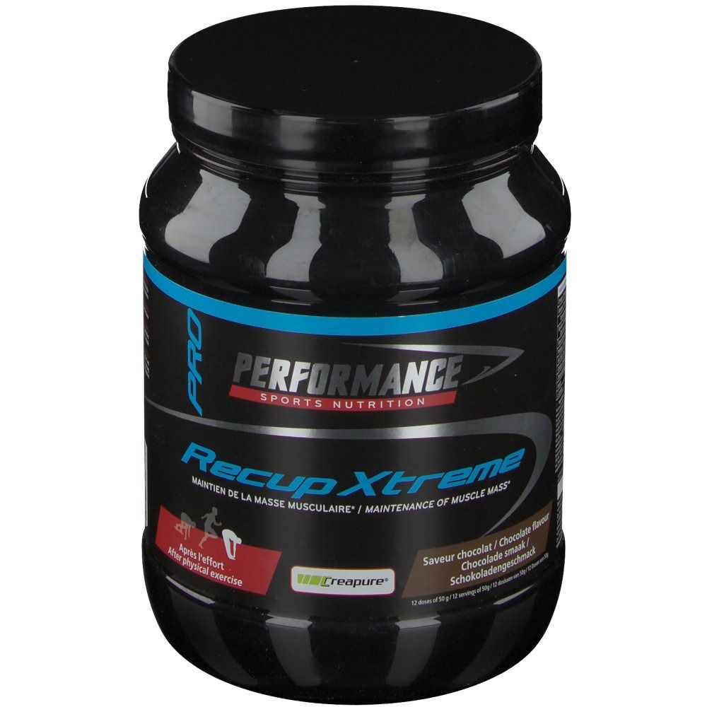 Zwarte pot met blauw-witte tekst. Opschrift: Performance Recup Xtreme, chocoladesmaak. Logo: Creapure.