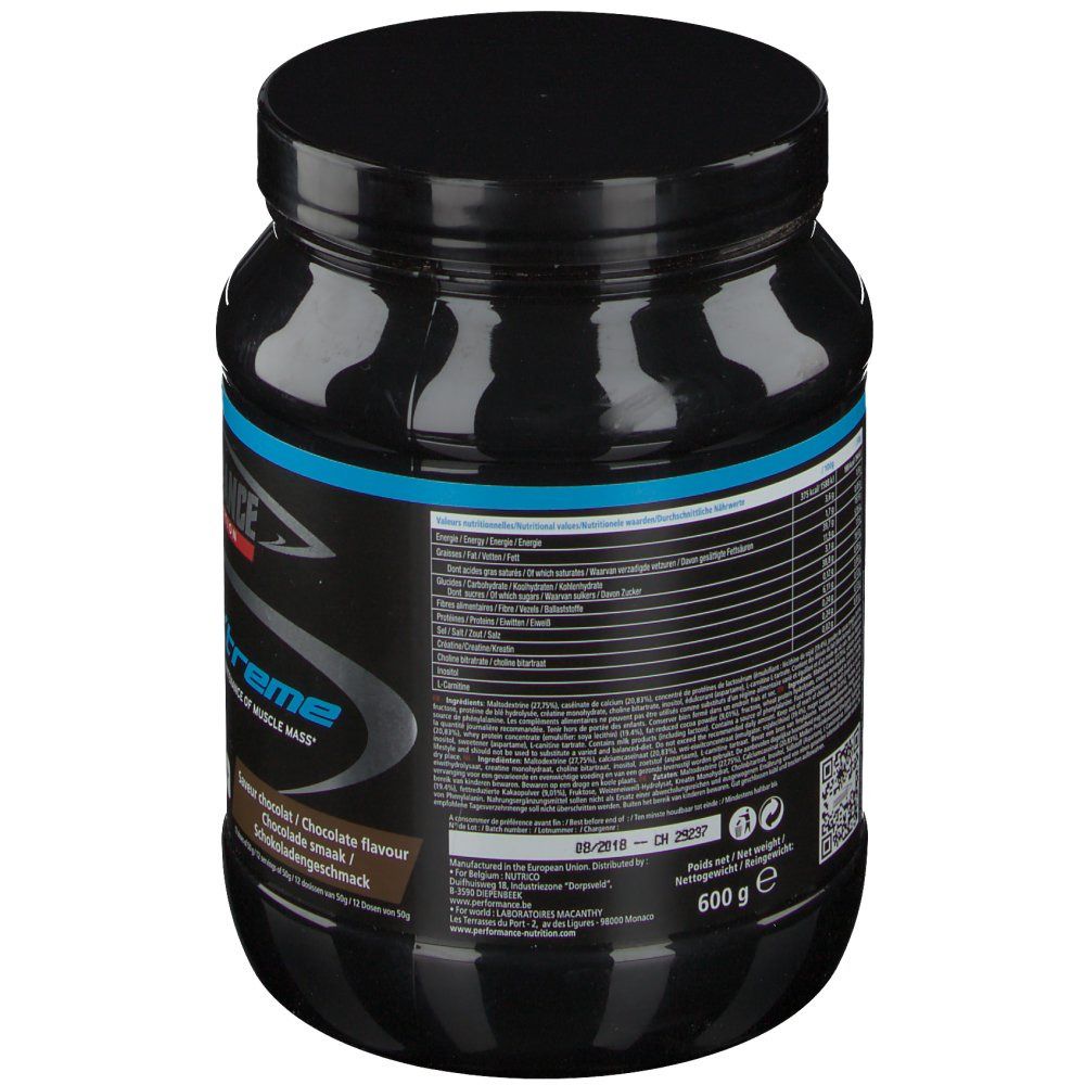 Zwarte pot, achterkant met voedingswaarde en tekst. Tekst: 600 g, chocoladesmaak. QR-code en barcode.